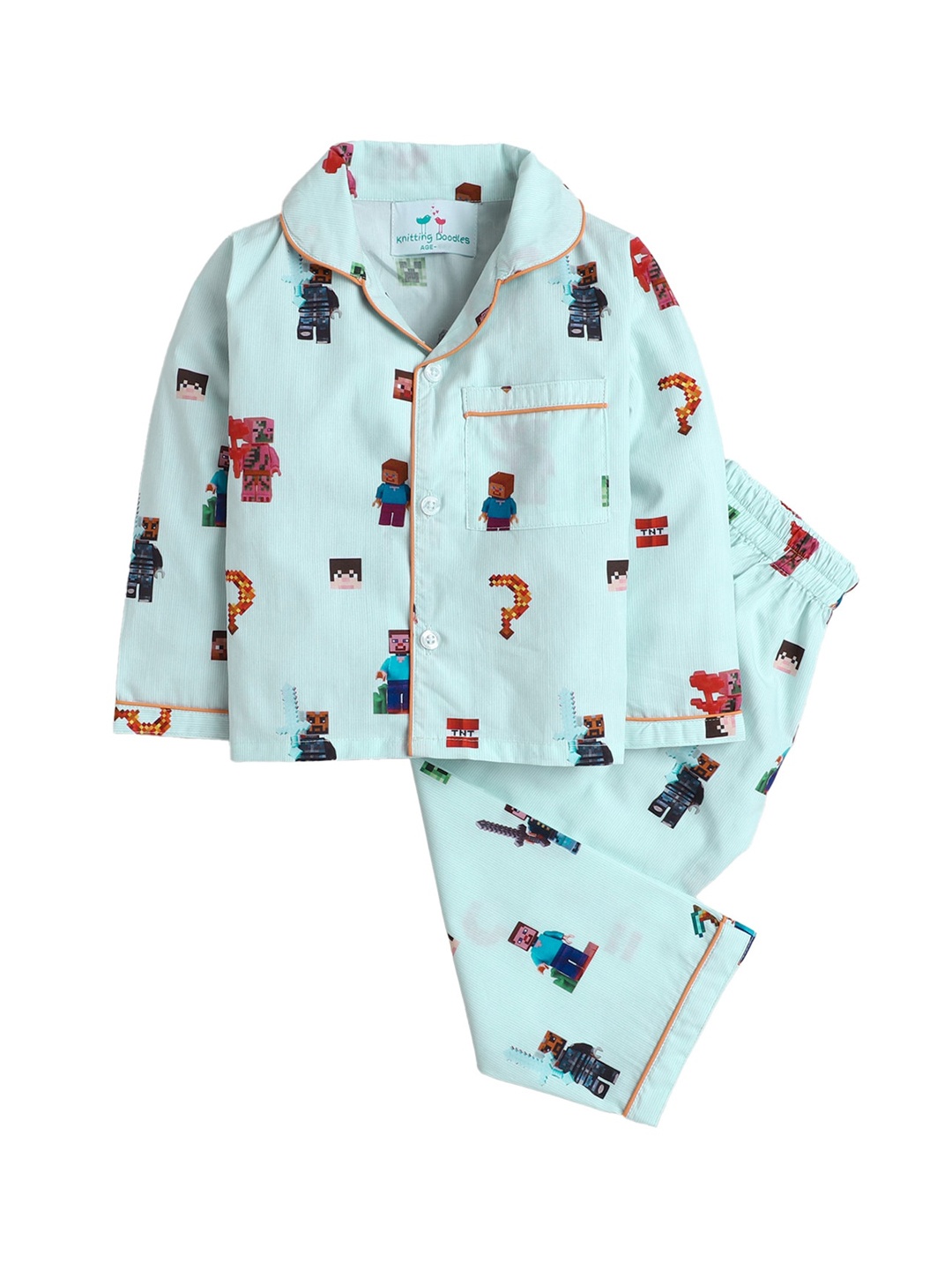 

Knitting Doodles Unisex Kids Green & Blue Printed Night suit