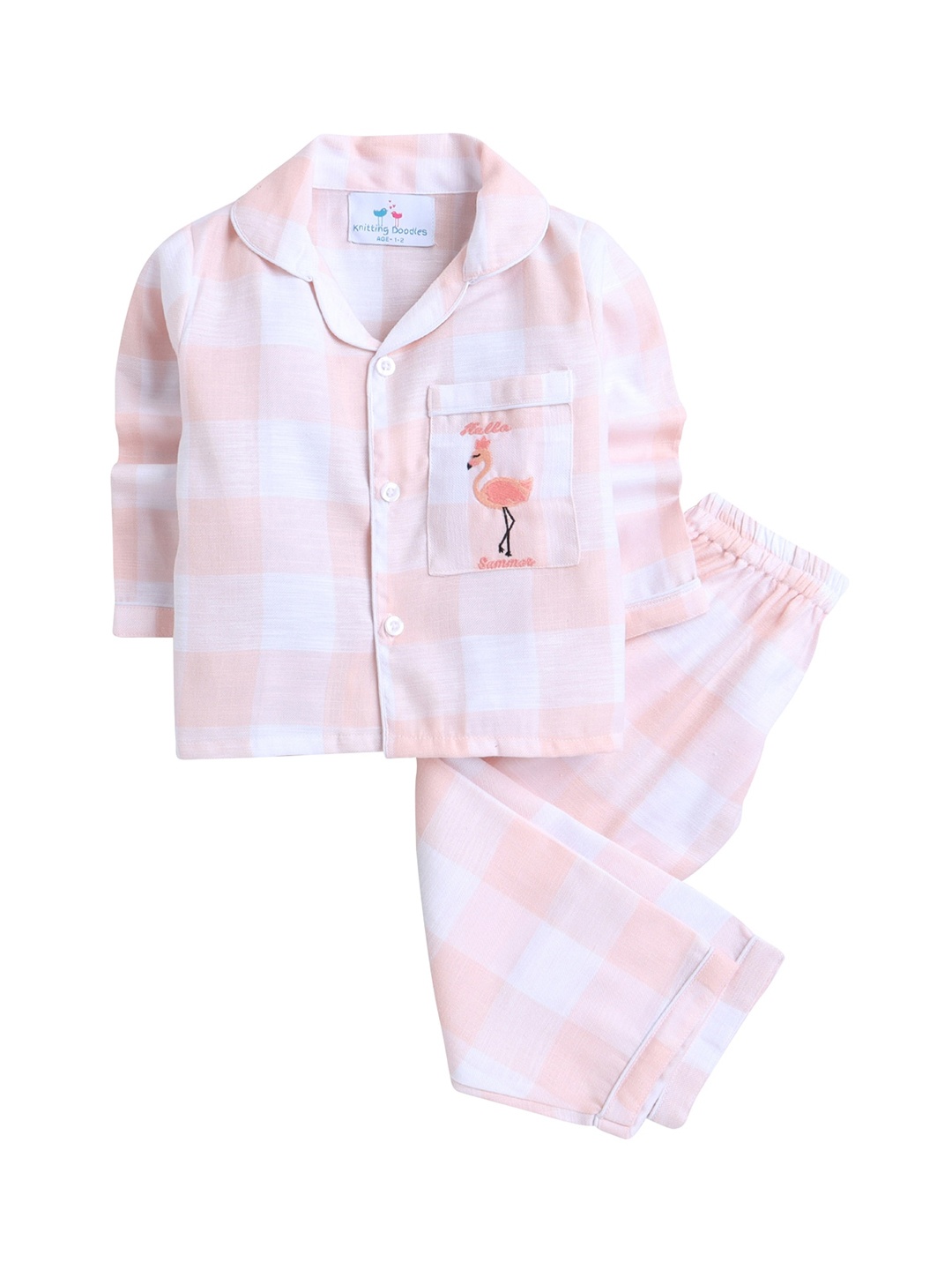 

Knitting Doodles Unisex Kids Peach-Coloured & White Checked Night suit