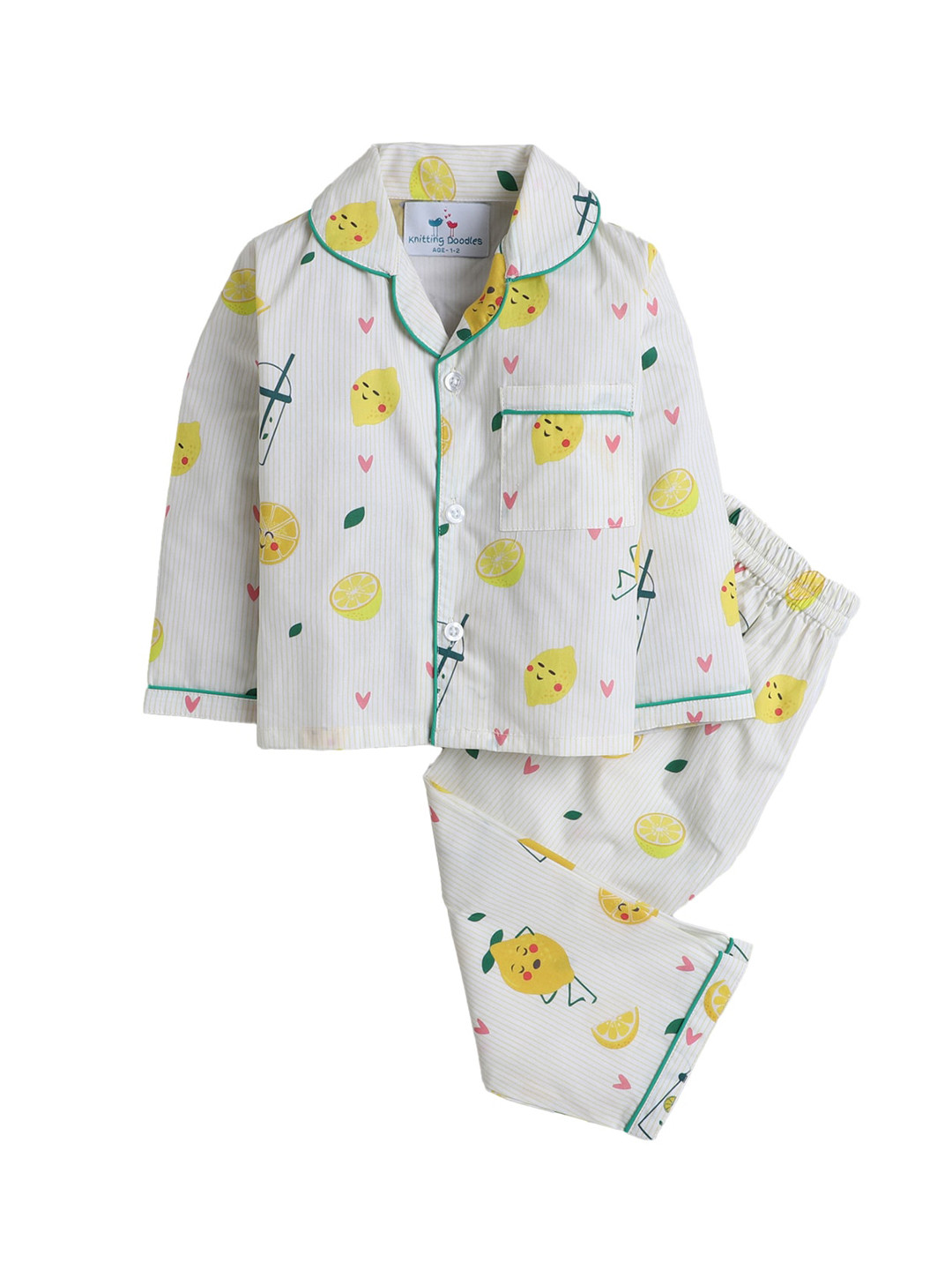 

Knitting Doodles Unisex Kids White & Yellow Printed Night suit