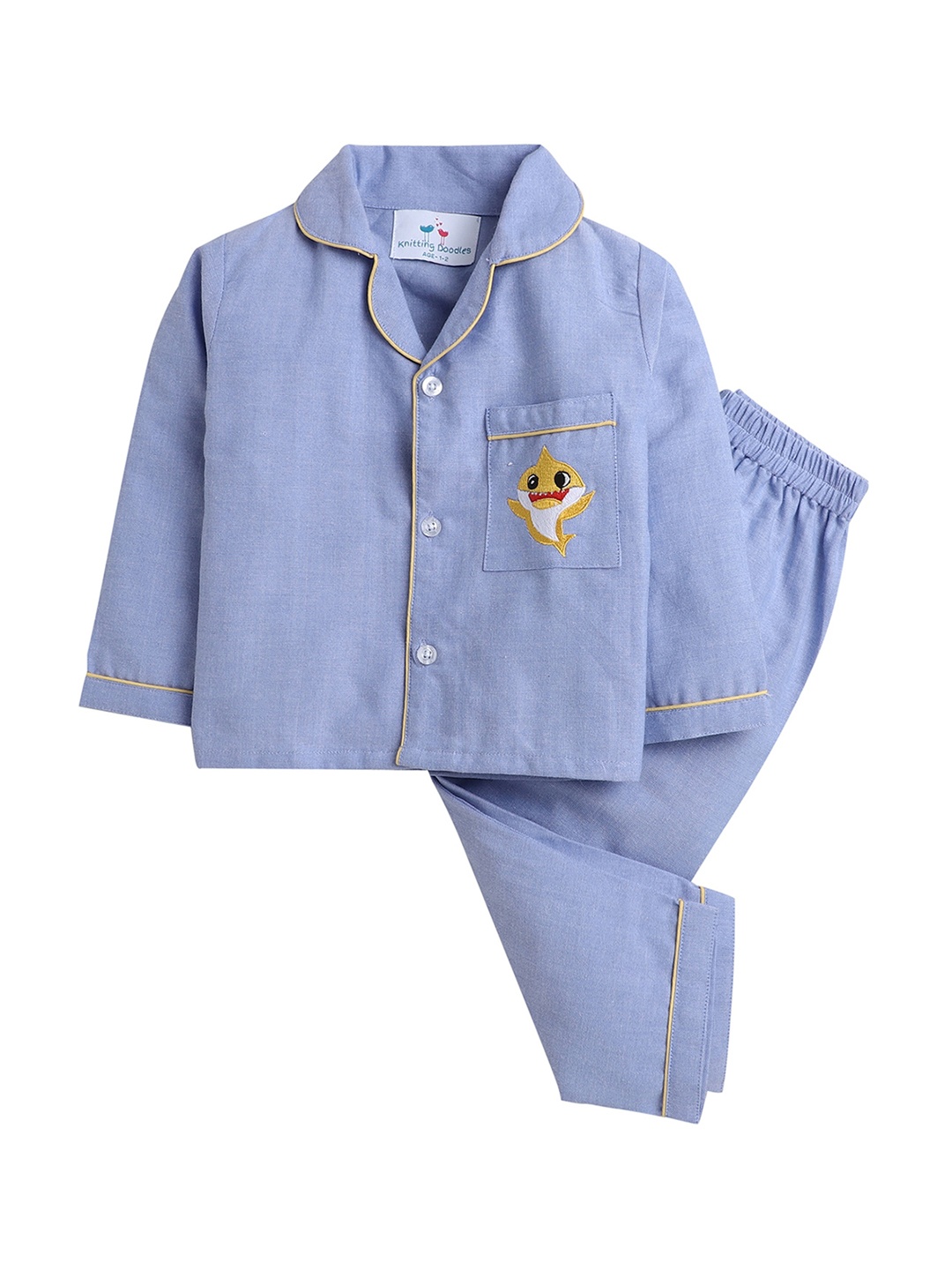 

Knitting Doodles Unisex Kids Blue & Brown Solid Night suit