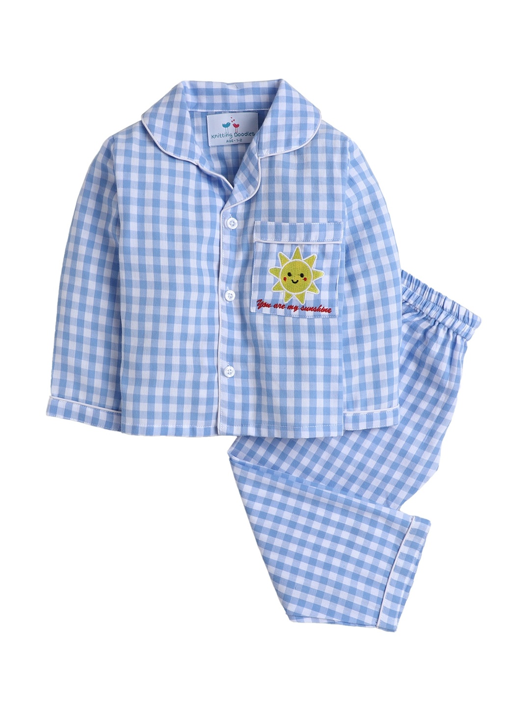 

Knitting Doodles Unisex Kids Blue & Off White Checked Night suit