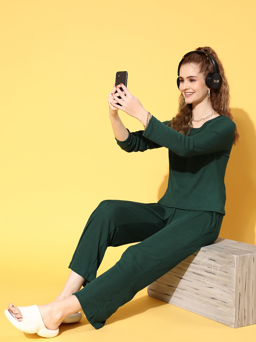 

ETC Women Green Striped Workleisure Set Night Suit