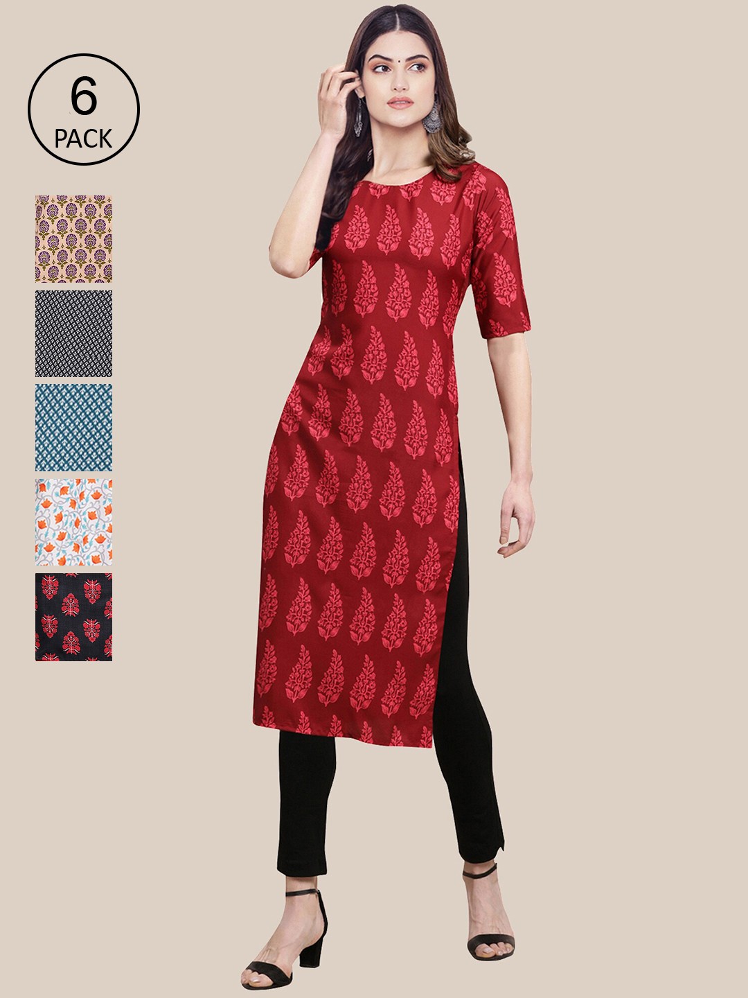 

7Threads Women Pack of 6 Floral Printed Crepe Kurta, Red