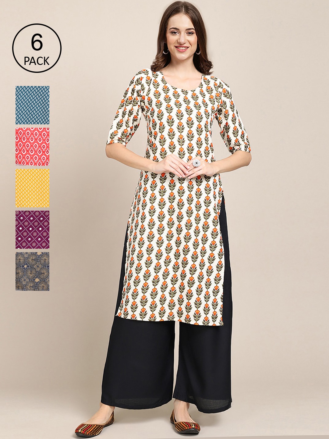 7Threads Women Printed Crepe Kurta Pack of 6, Yellow