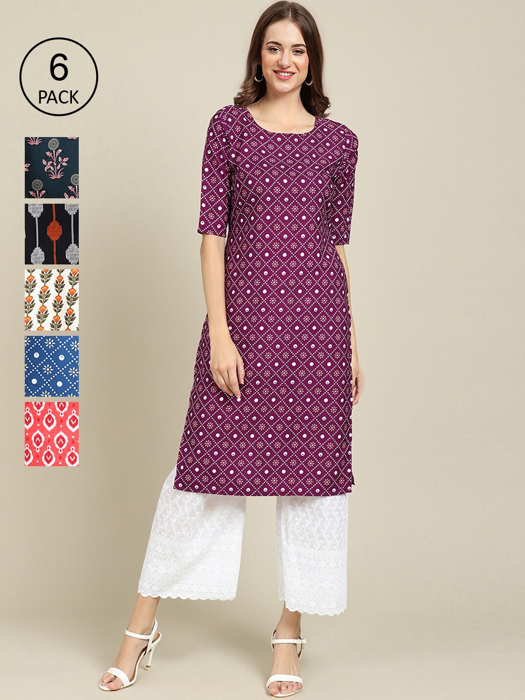 

7Threads Women Pack of 6 Printed Crepe Kurta, Purple