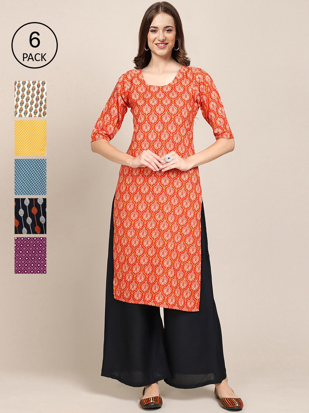 7Threads Women Printed Summer Crepe Kurta Pack of 6, Orange