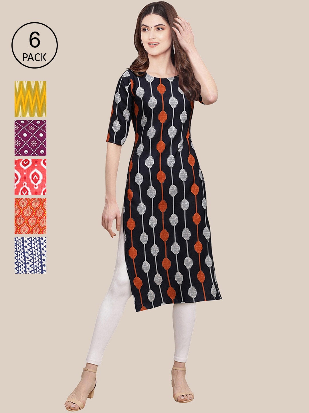 

7Threads Women Pack Of 6 Geometric Printed Crepe Kurta, Multi