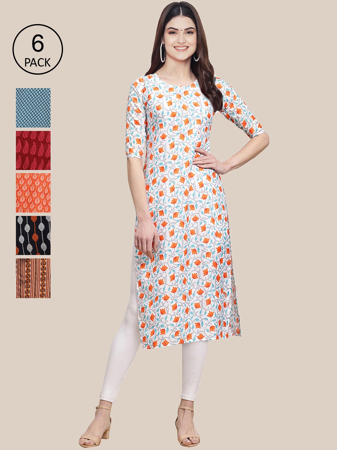 

7Threads Women Pack Of 6 Ethnic Motifs Printed Crepe Kurta, Multi