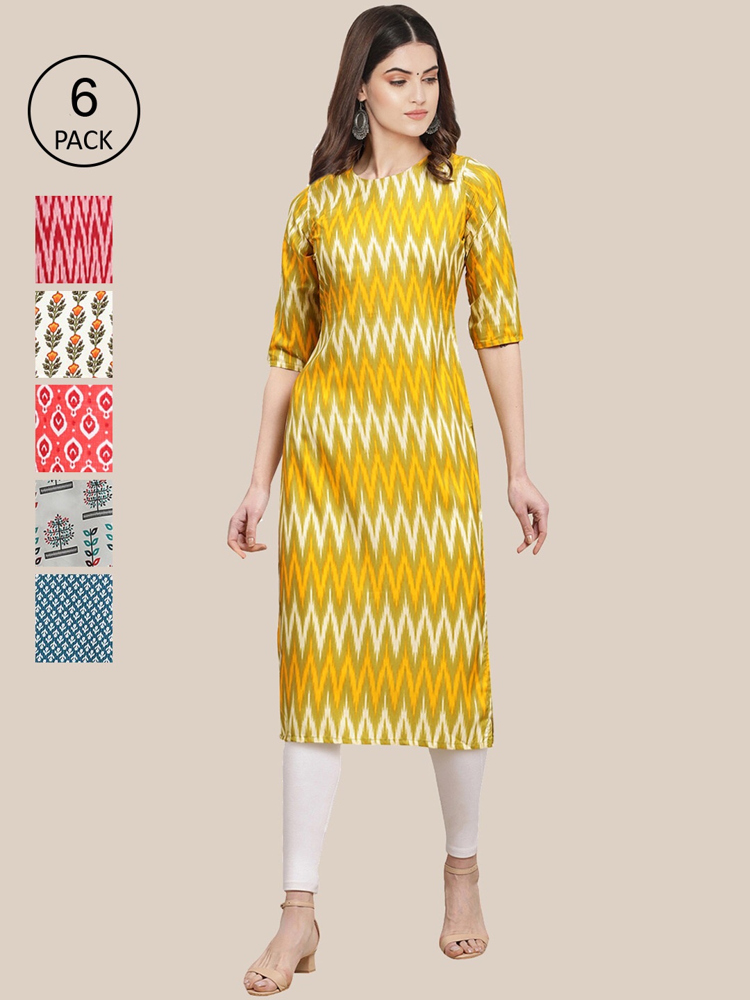 

7Threads Women Pack Of 6 Geometric Printed Summer Sheers Crepe Kurta, Yellow