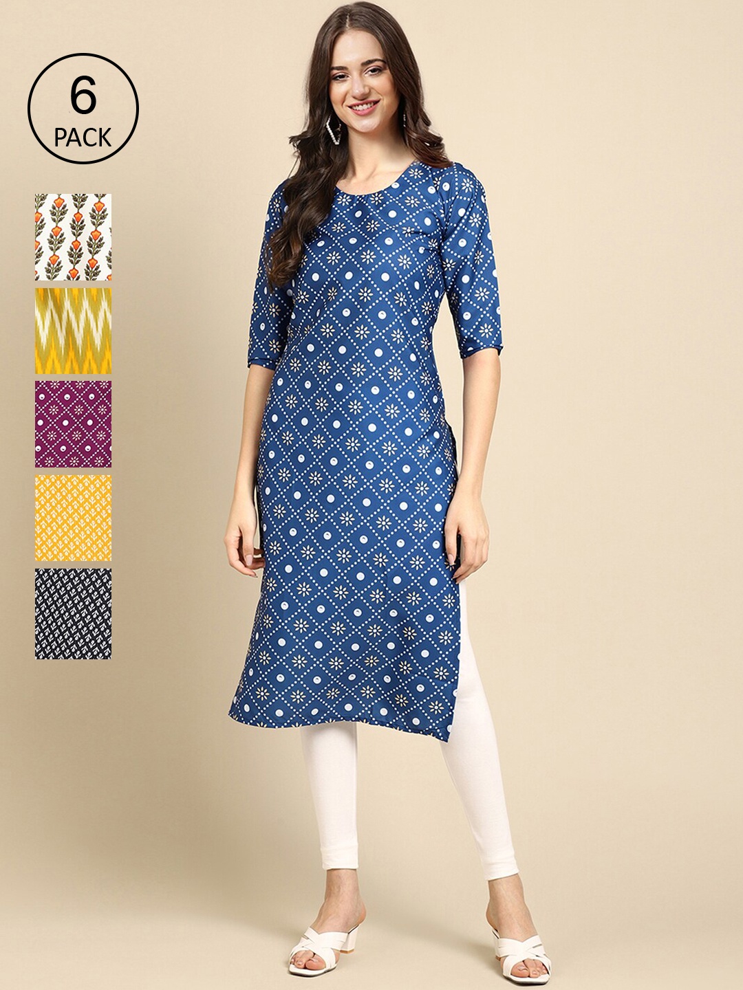 

7Threads Women Pack Of 6 Coloured Geometric Printed Block Print Crepe Kurta, Blue