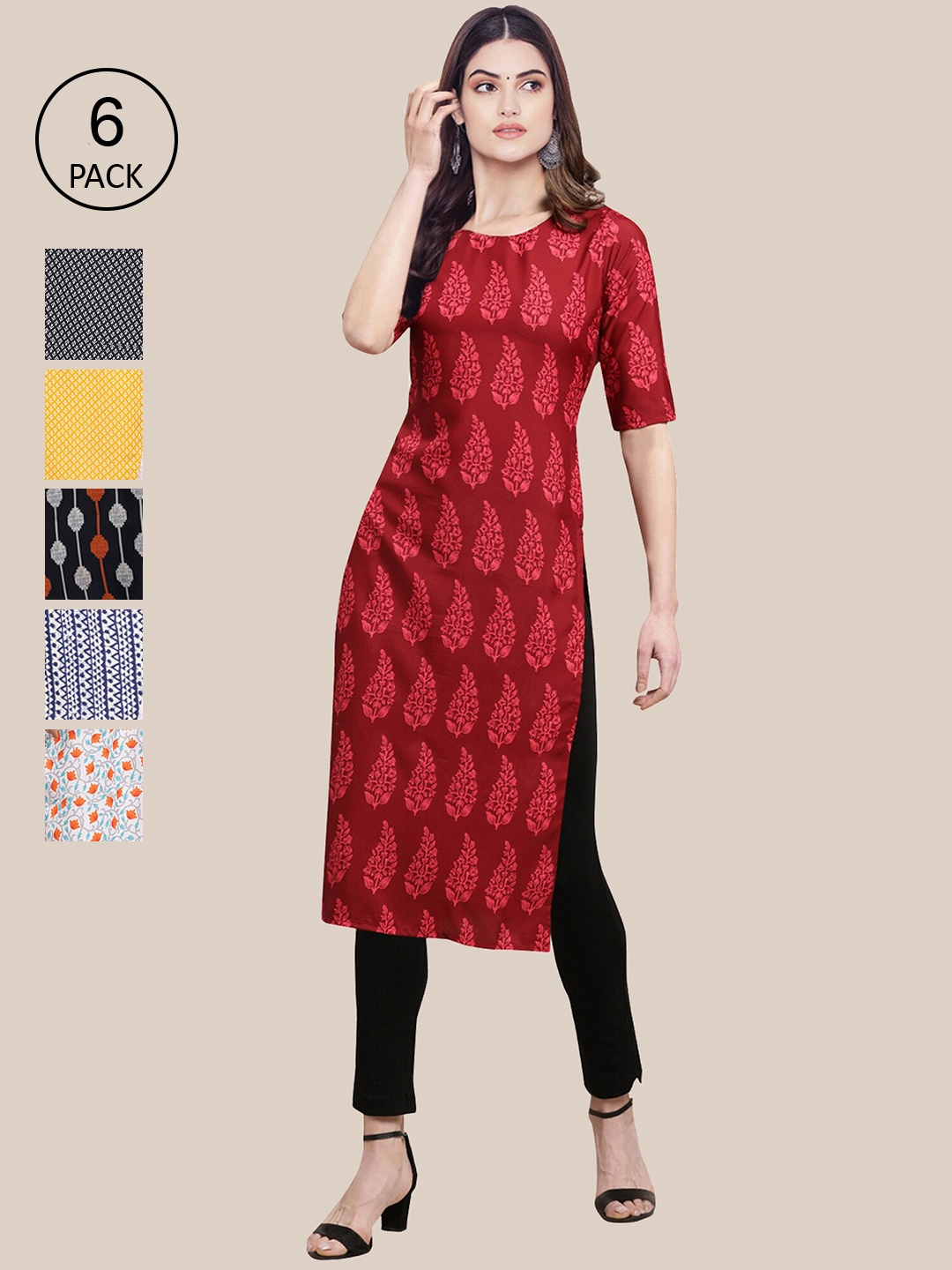 

7Threads Women's Crepe Multi Color Digital Printed Straight Kurta [PACK OF 6]