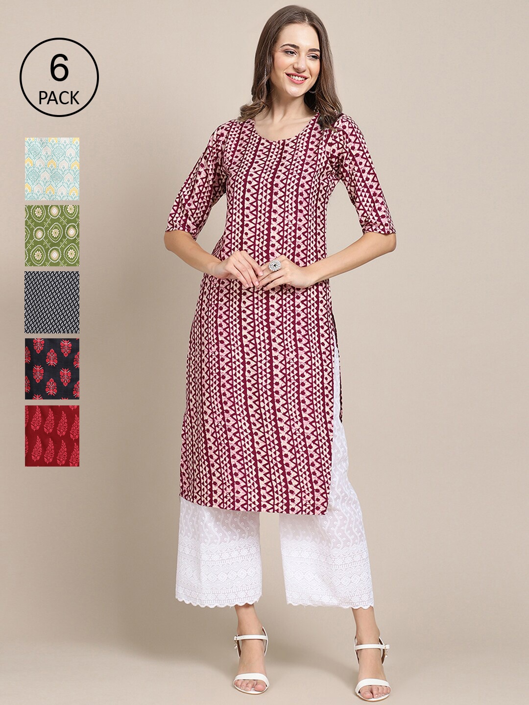 

7Threads Women Pack of 6 Paisley Printed Crepe Kurta, Multi