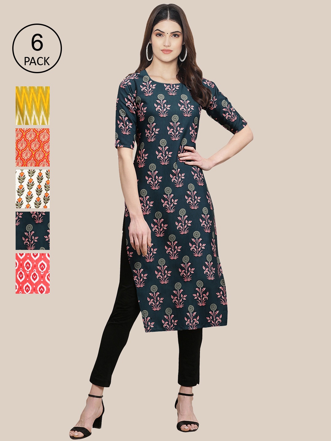 7Threads Women Pack of 6 Geometric Printed Crepe Kurta, Multi