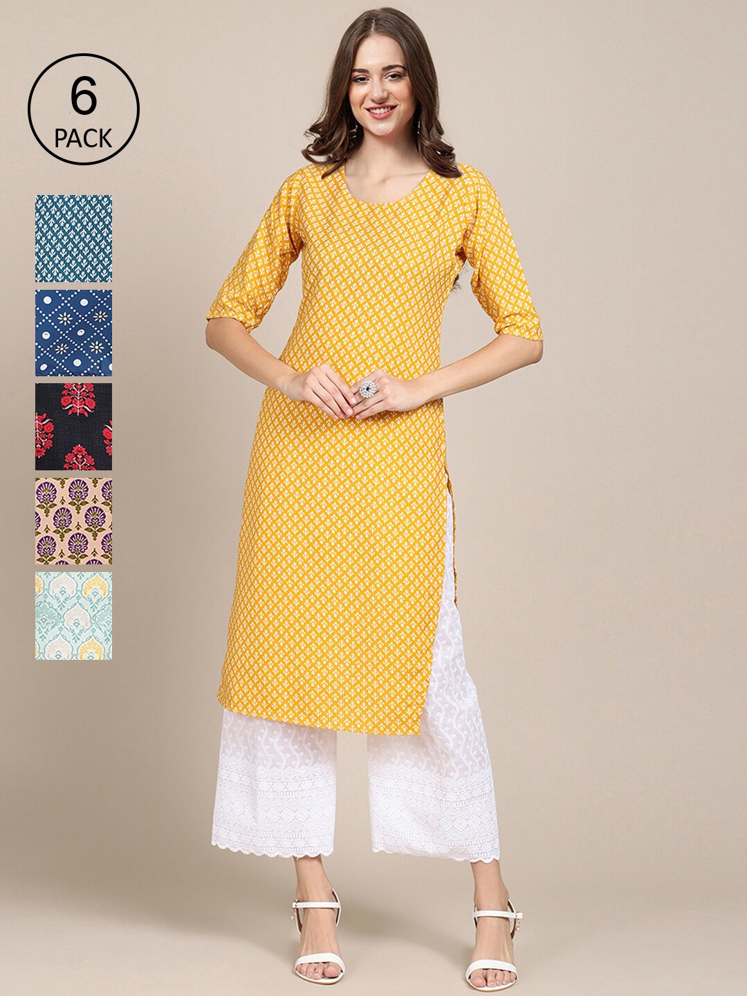 

7Threads Women Pack of 6 Geometric Printed Crepe Kurta, Multi