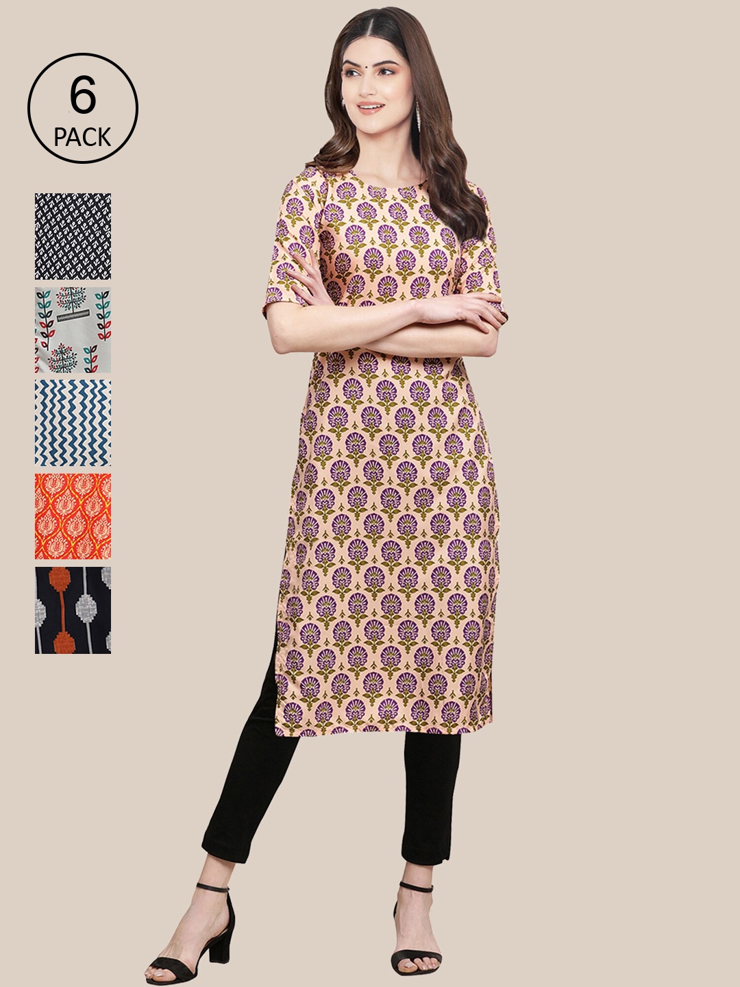 

7Threads Women Pack Of 6 Paisley Yoke Design Thread Work Summer Sheers Crepe Kurta, Multi