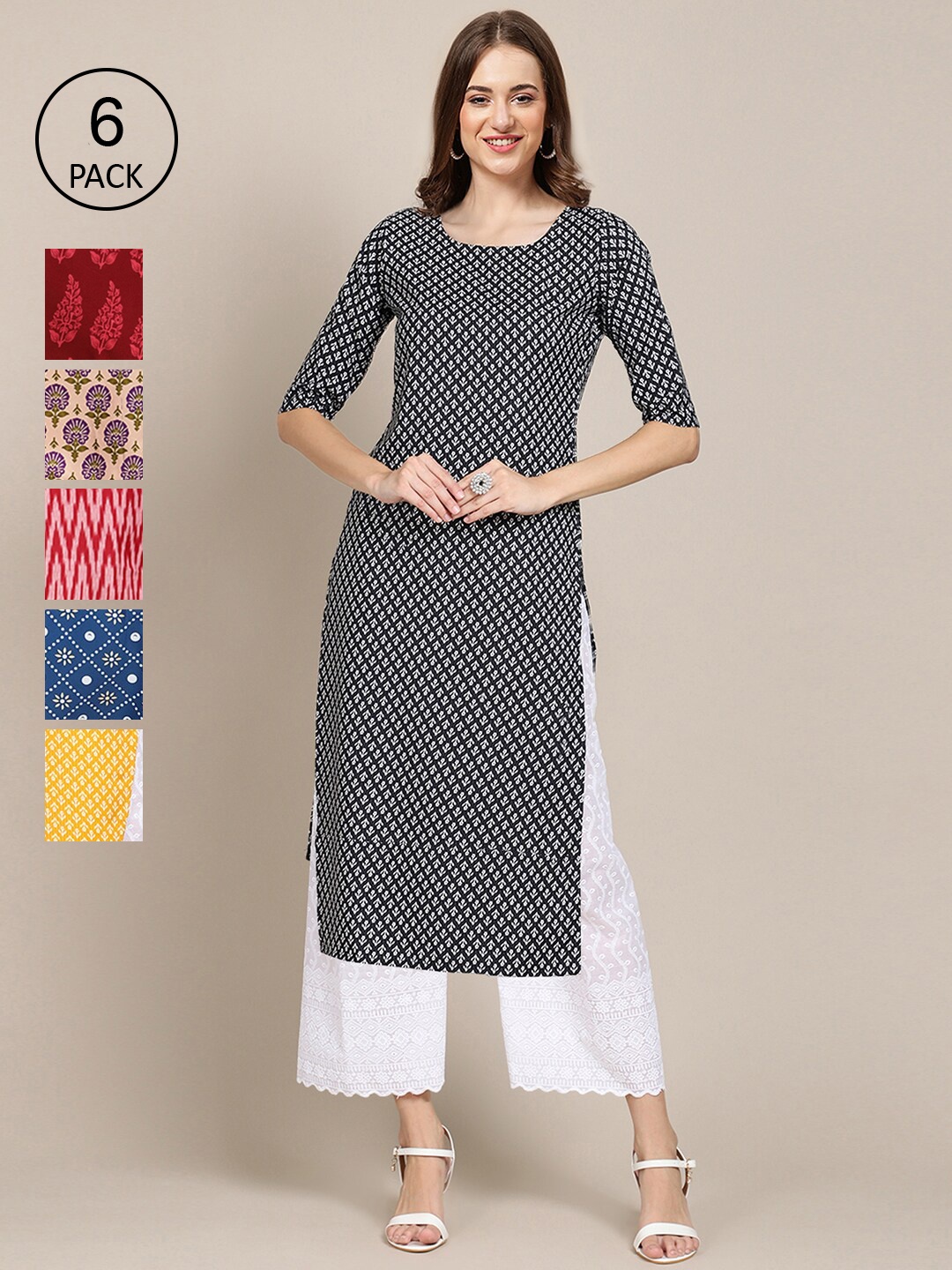 7Threads Women Pack of 6 Digital Printed Crepe Straight Kurtas, Black