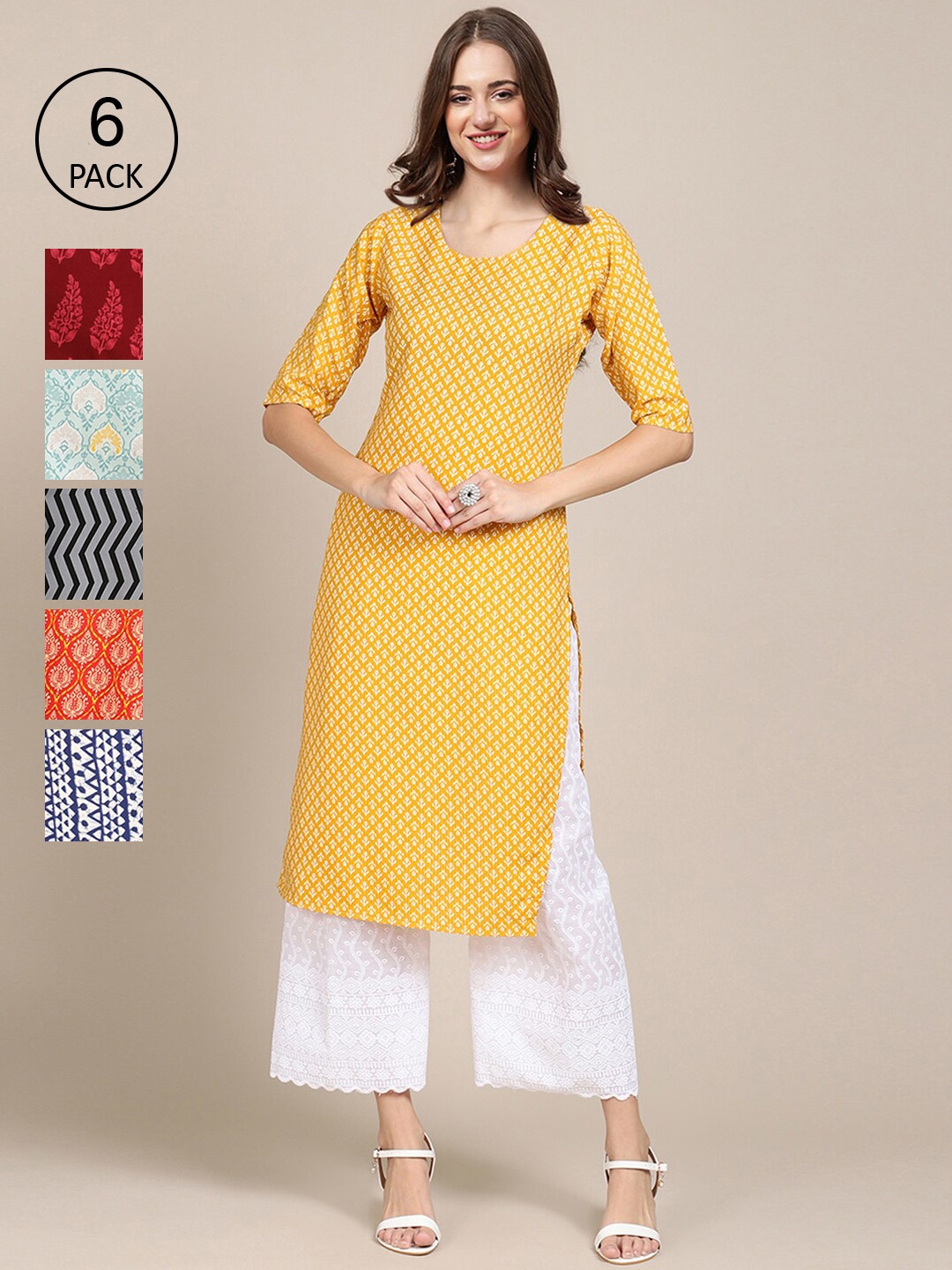 

7Threads Women Pack of 6 Digital Printed Crepe Straight Kurtas, Yellow
