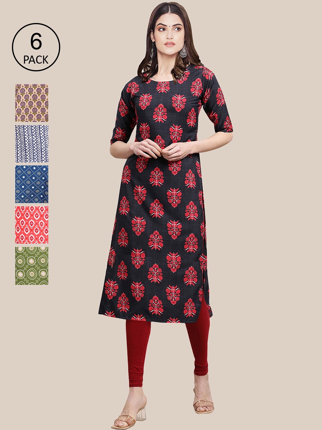

7Threads Women Pack of 6 Printed Straight Crepe Kurta, Green