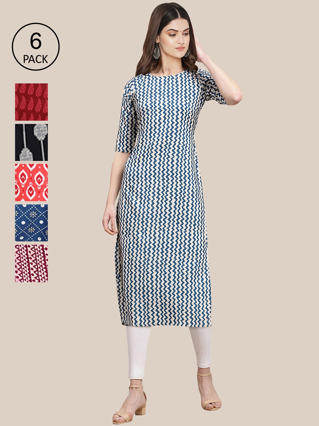 

7Threads Women Pack of 6 Geometric Printed Straight Kurta, Blue