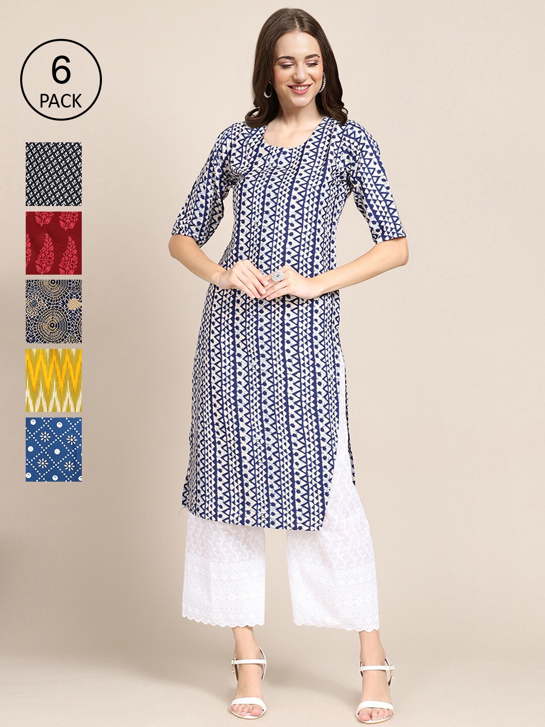 7Threads Women Pack of 6 Geometric Printed Crepe Kurta, Yellow