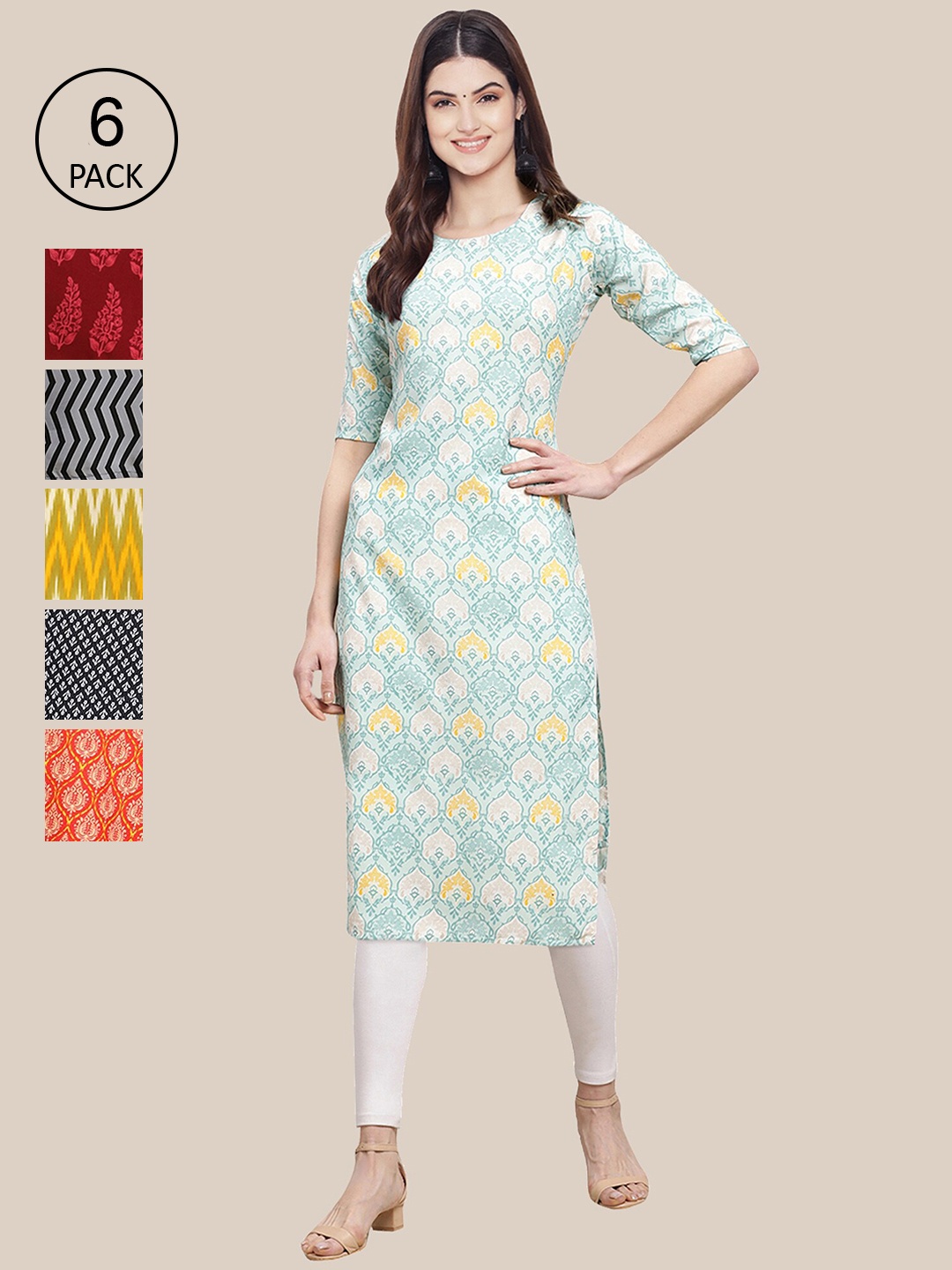 

7Threads Women Multicoloured Pack Of 6 Geometric Printed Crepe Kurta, Multi