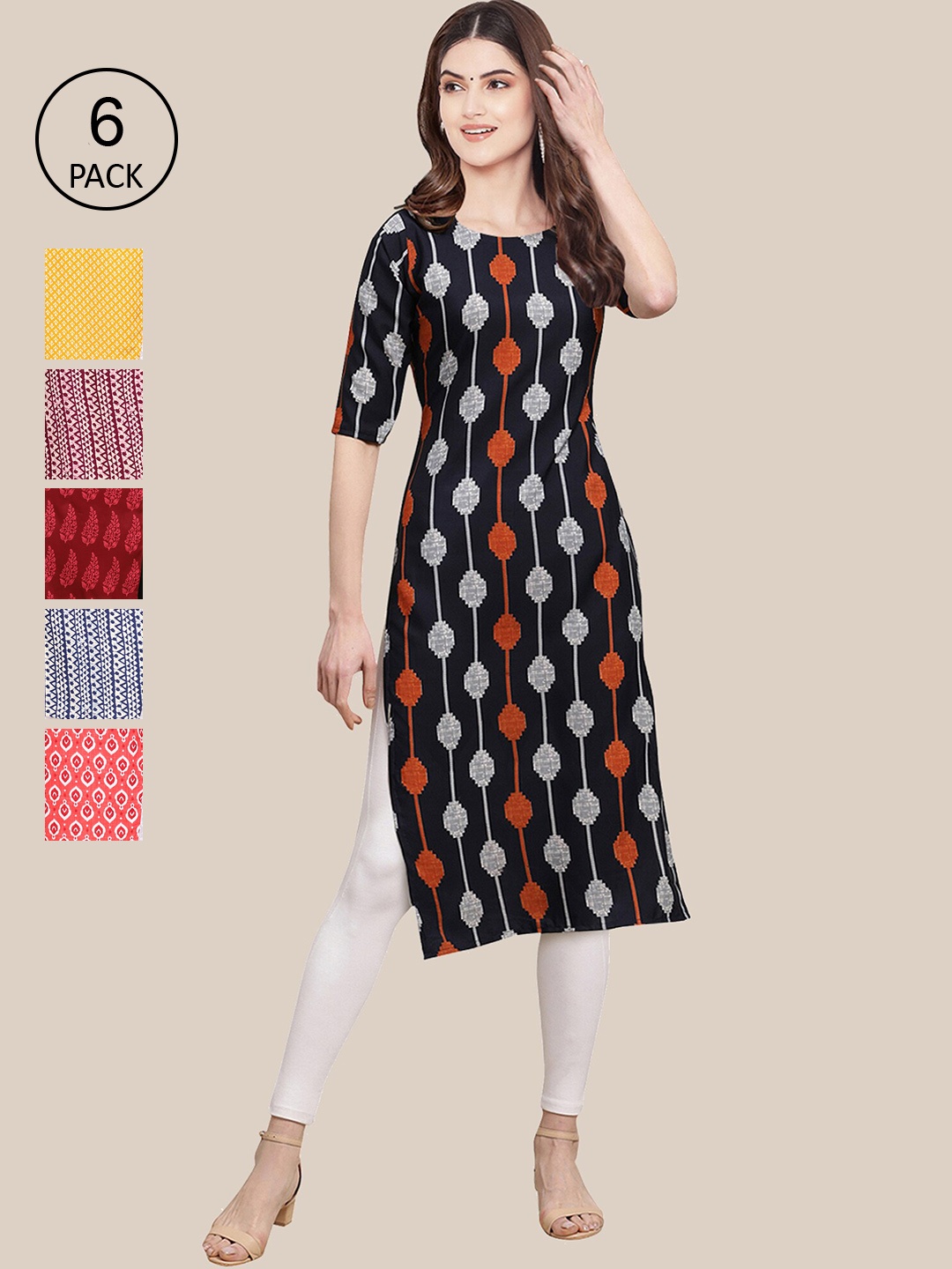 

7Threads Women Multicoloured Pack Of 6 Geometric Printed Crepe Kurta, Multi