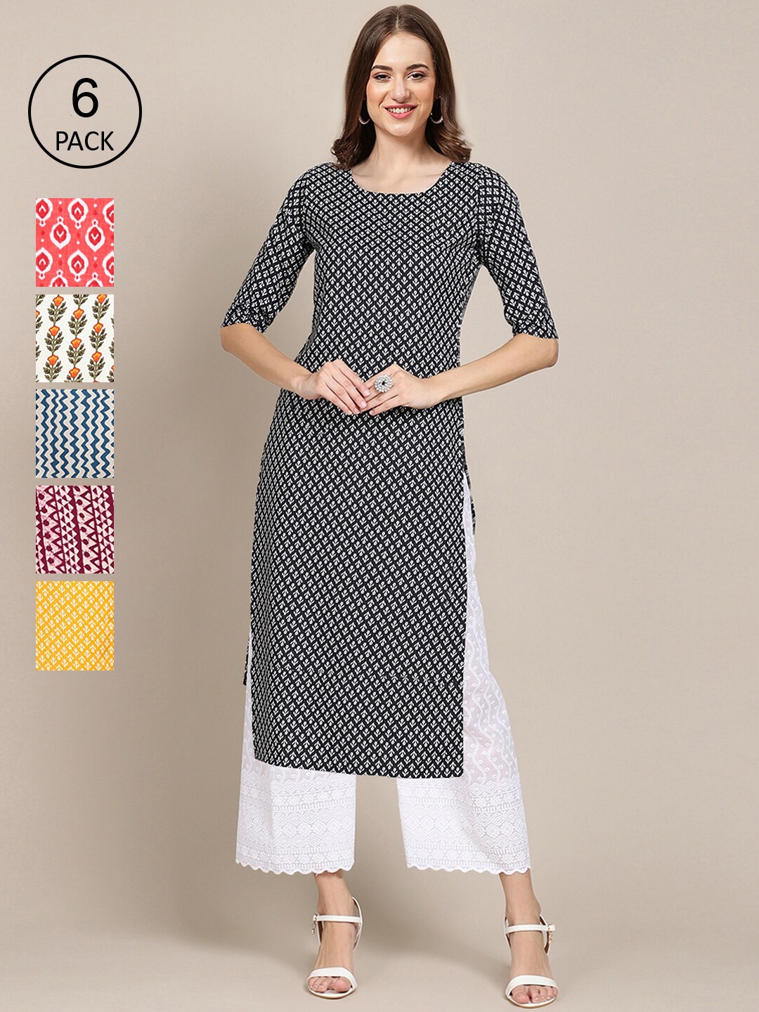 7Threads Women Pack Of 6 Printed Summer Sheers Crepe Kurta, Pink