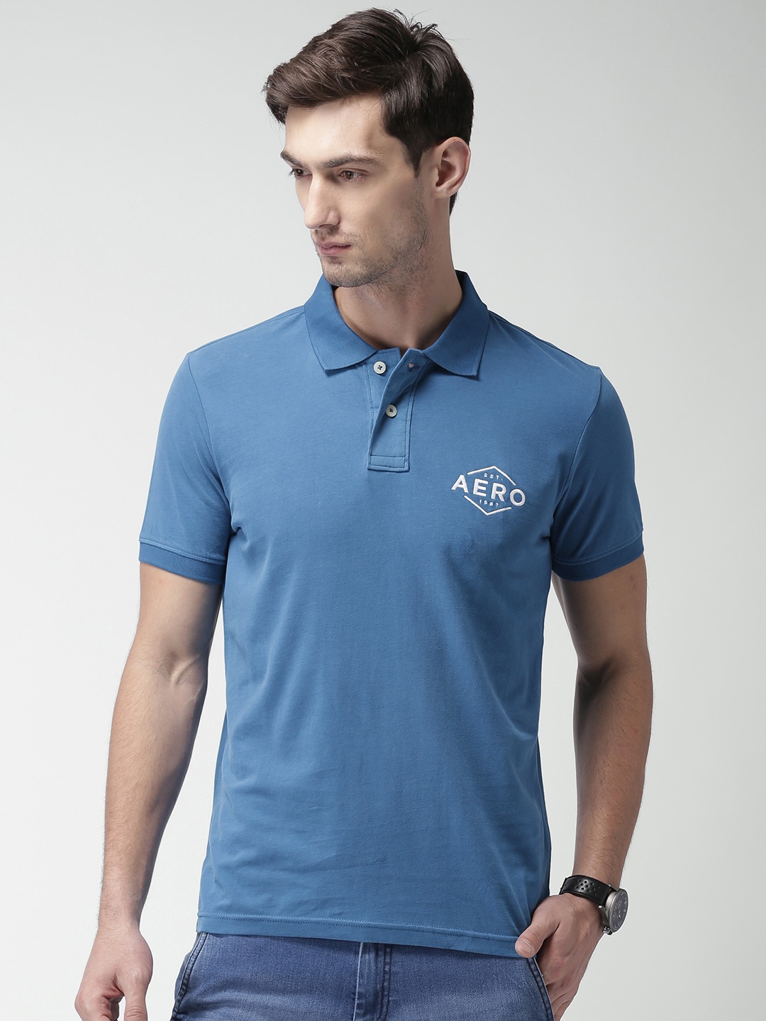 

Aeropostale Men Blue Solid Polo Collar T-shirt