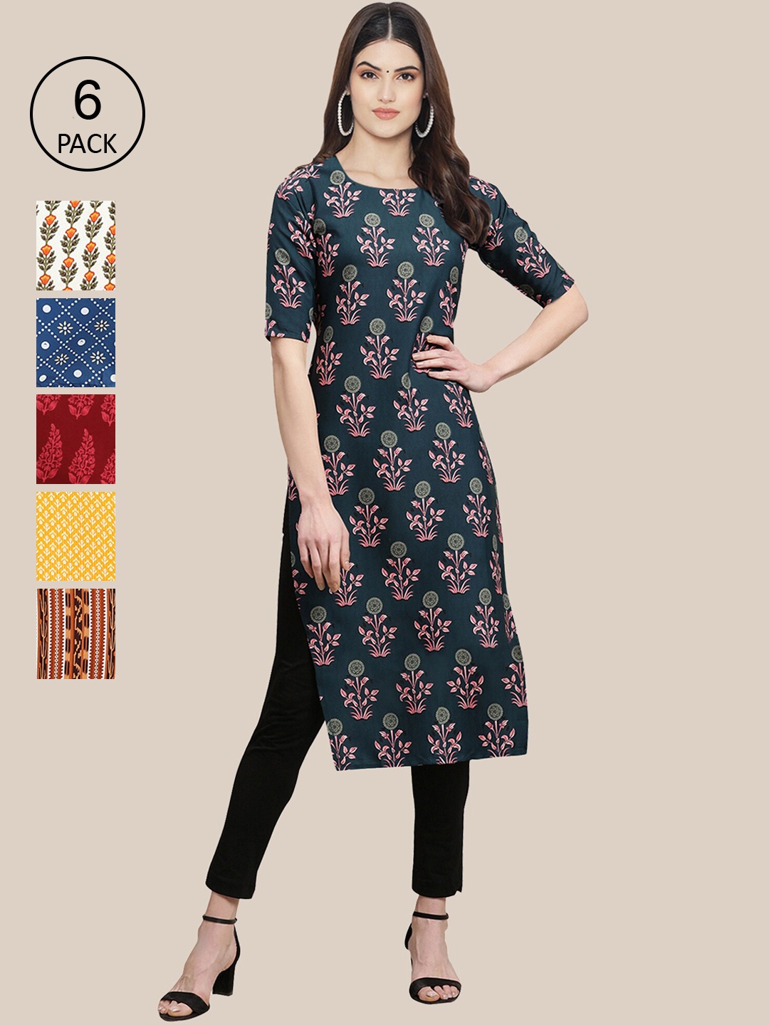 

7Threads Women Pack Of 6 Printed Summer Sheers Crepe Kurta, Blue
