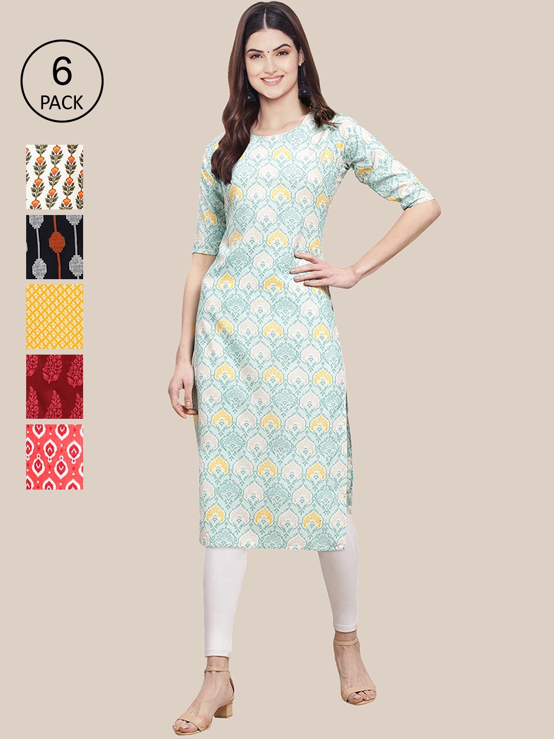 

7Threads Women Pack Of 6 Printed Summer Sheers Crepe Kurta, Blue