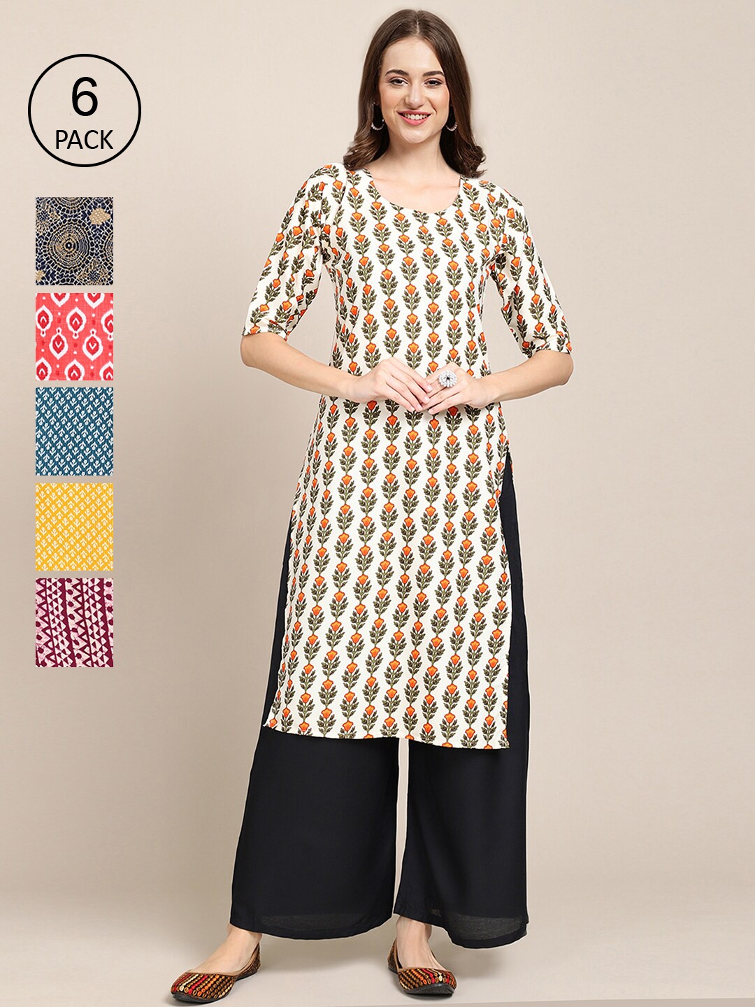 

7Threads Pack Of 6 Women Printed Crepe Kurta, Beige