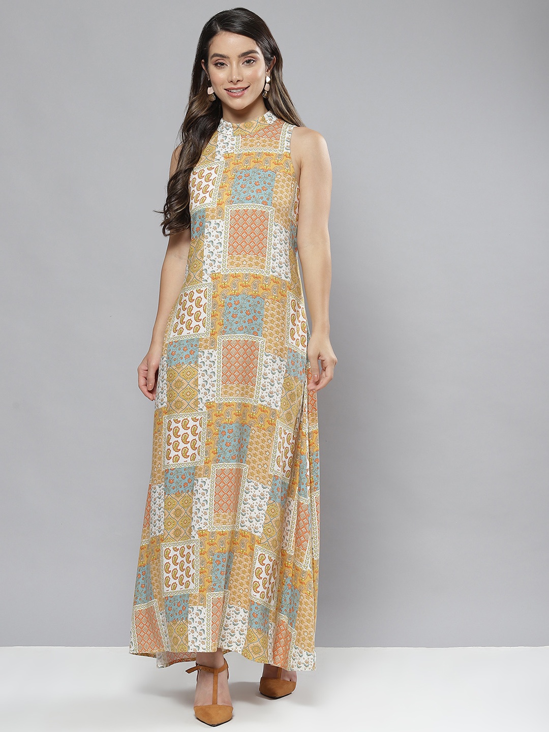 

Femella Peach-Coloured Ethnic Motifs Choker Neck A-Line Maxi Dress