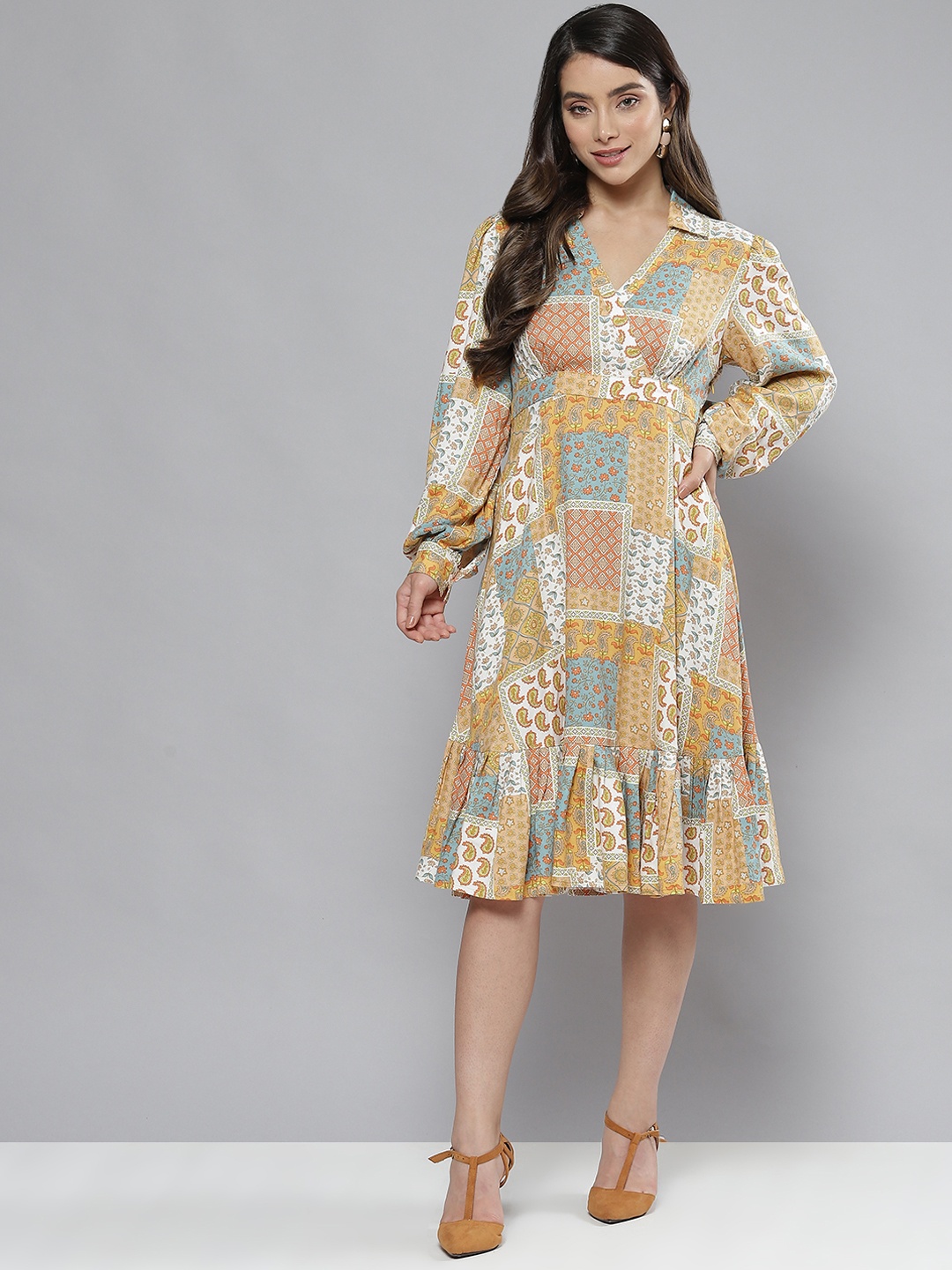 

Femella Yellow & Peach-Coloured Ethnic Motifs Tiered Midi Dress
