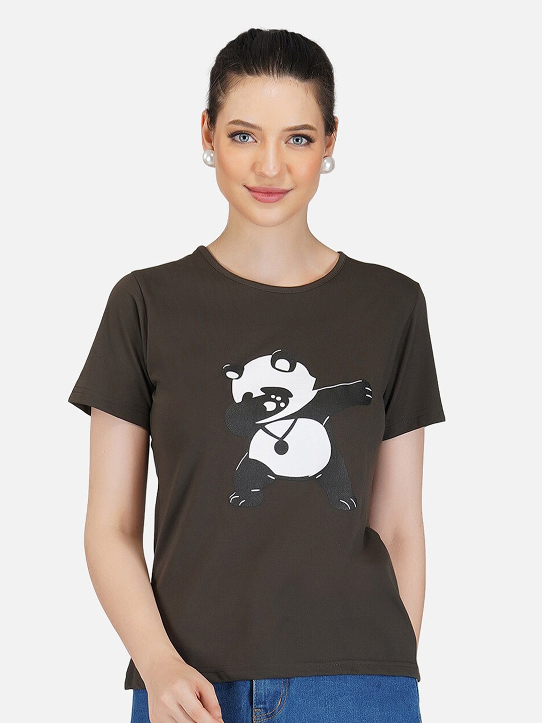 

BASE 41 Women Olive Green Printed Slim Fit T-shirt
