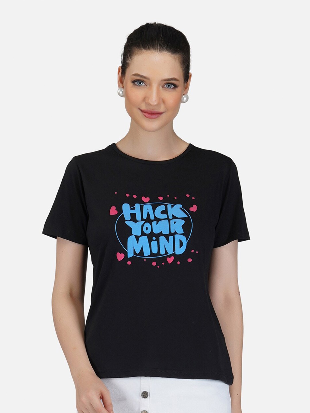 

BASE 41 Women Black Typography Printed Slim Fit T-shirt