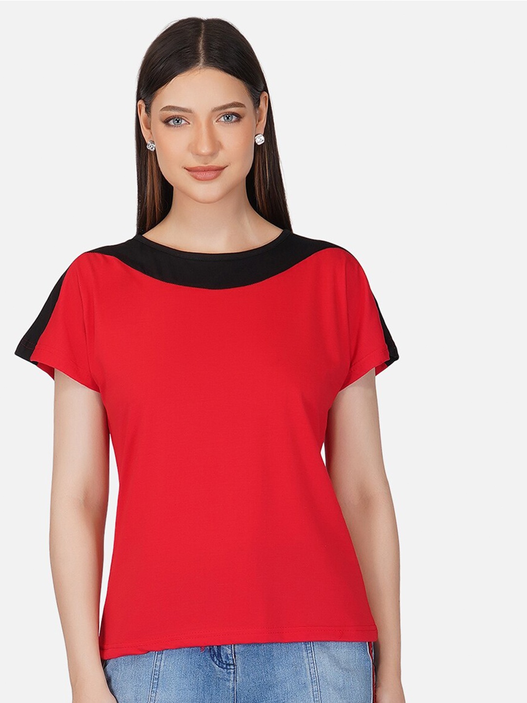 

BASE 41 Women Red Colourblocked Extended Sleeves Slim Fit T-shirt