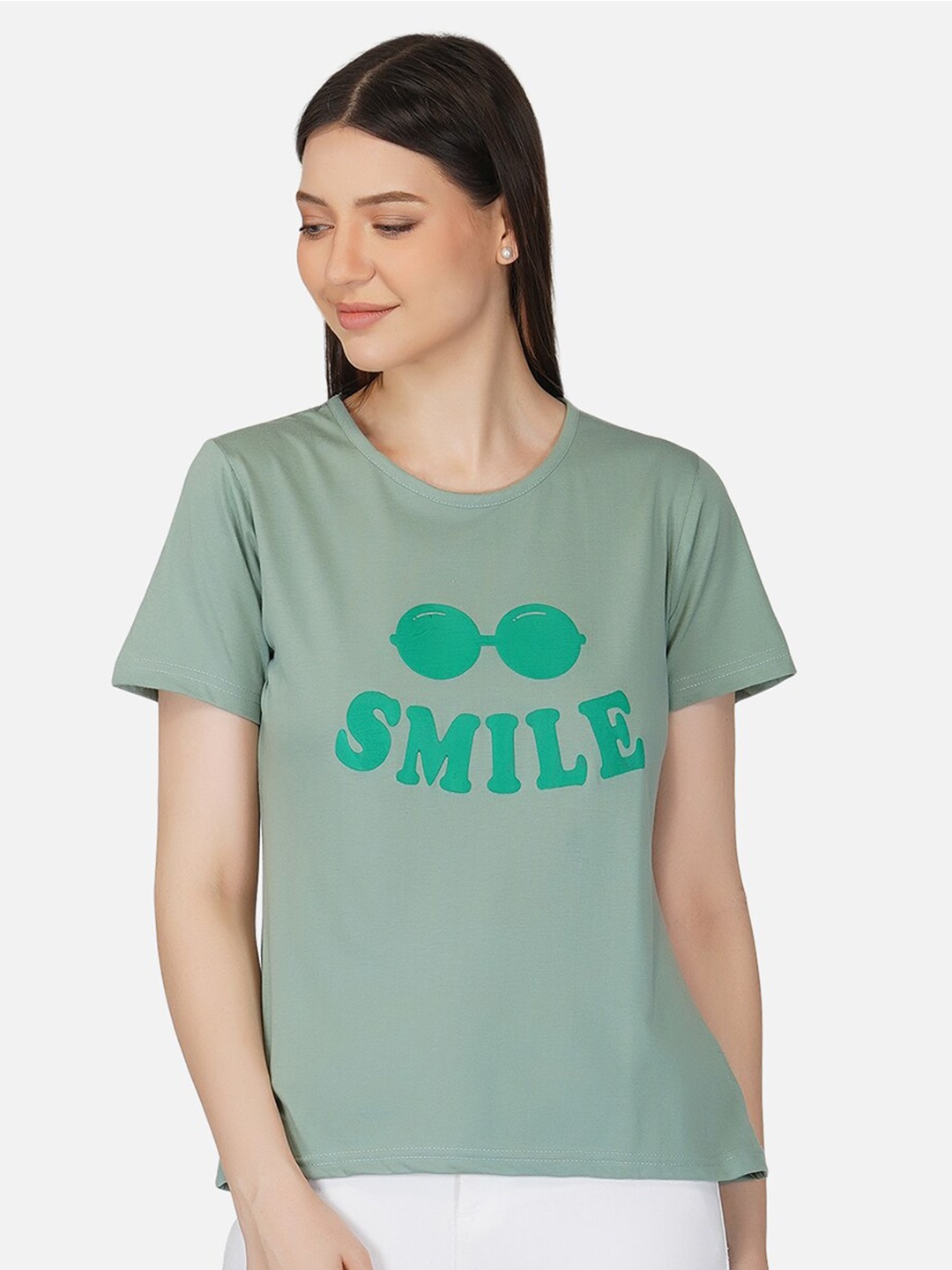 

BASE 41 Women Green Typography Printed Slim Fit T-shirt