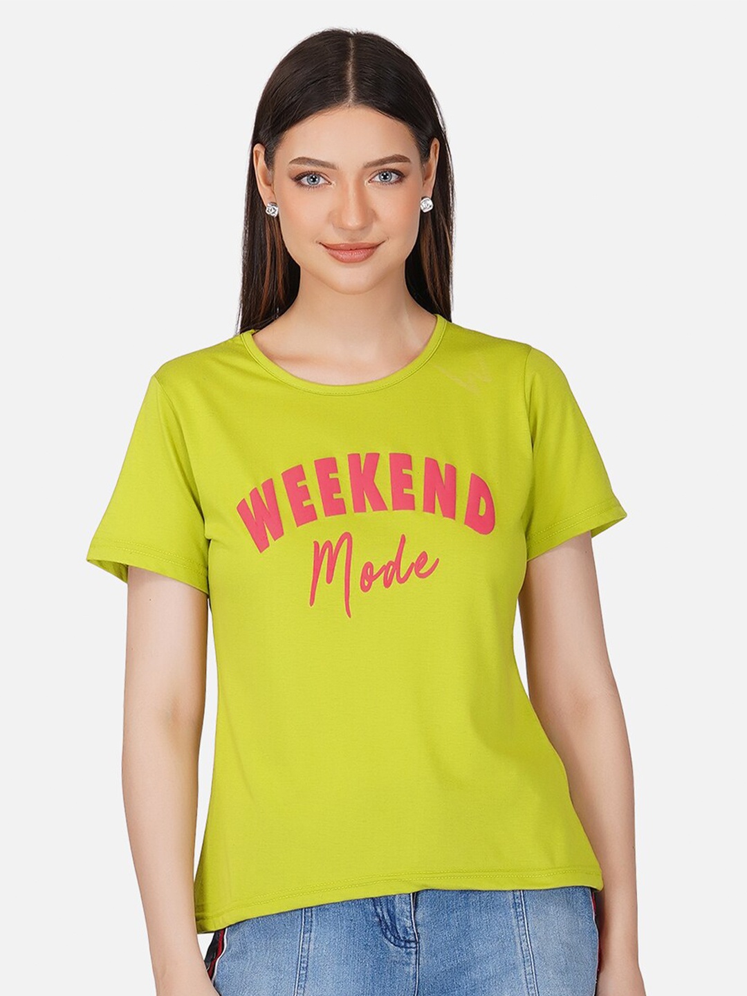 

BASE 41 Women Lime Green Typography Printed Slim Fit T-shirt