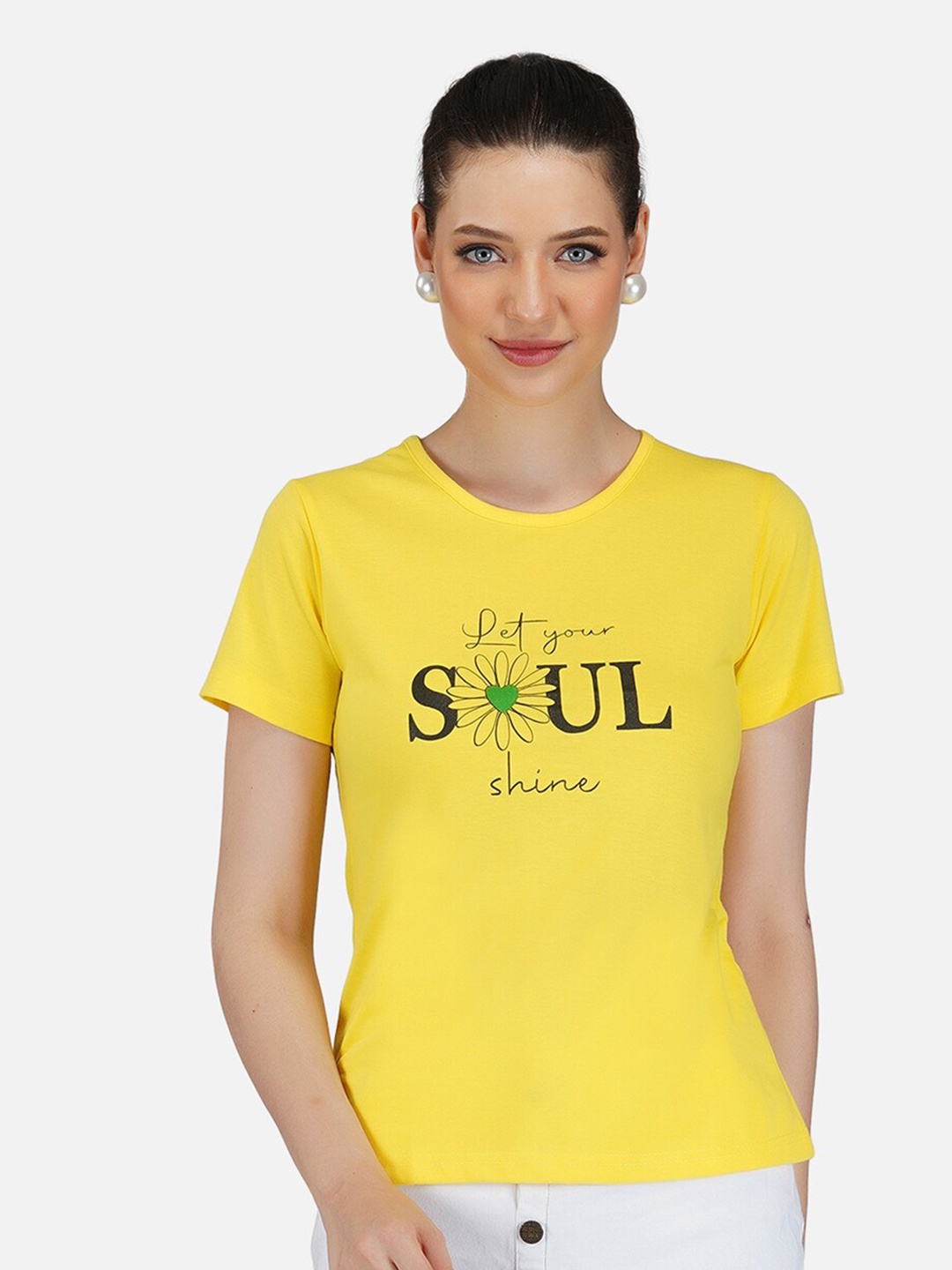

BASE 41 Women Yellow Typography Printed Slim Fit T-shirt