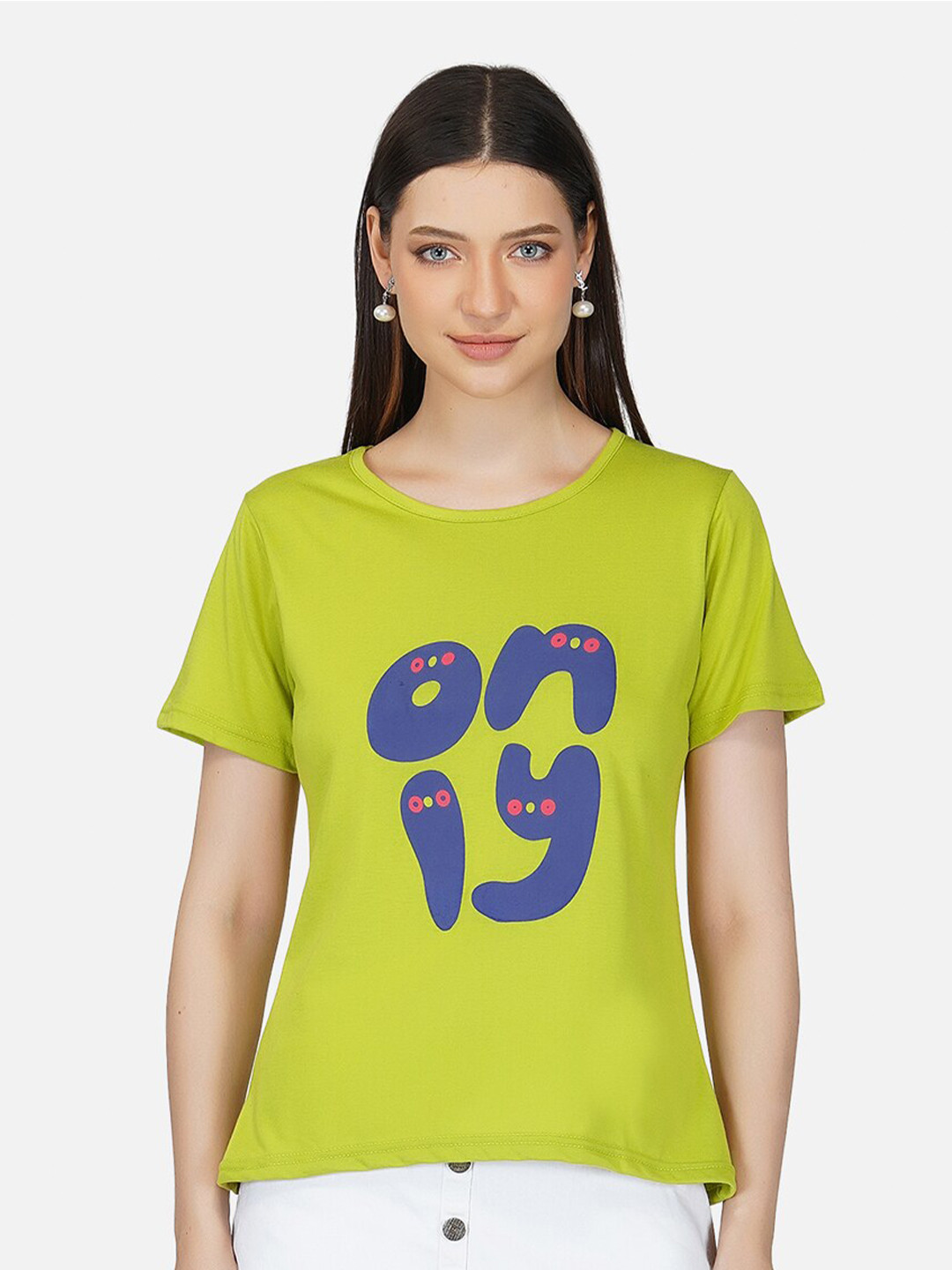 

BASE 41 Women Lime Green Typography Printed Polo Collar Extended Sleeves Applique Slim Fit T-shirt