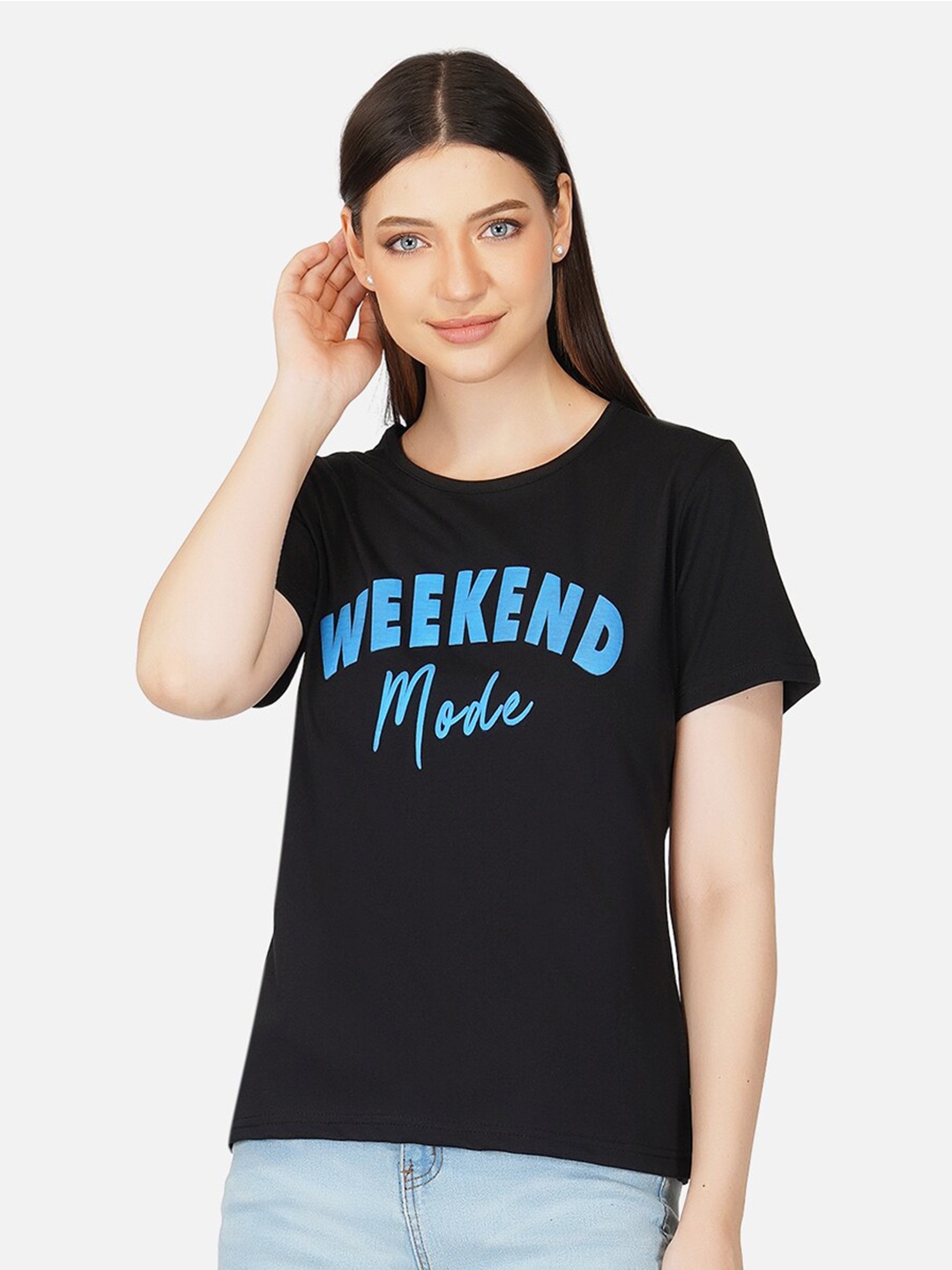 

BASE 41 Women Black Typography Printed Applique Slim Fit T-shirt