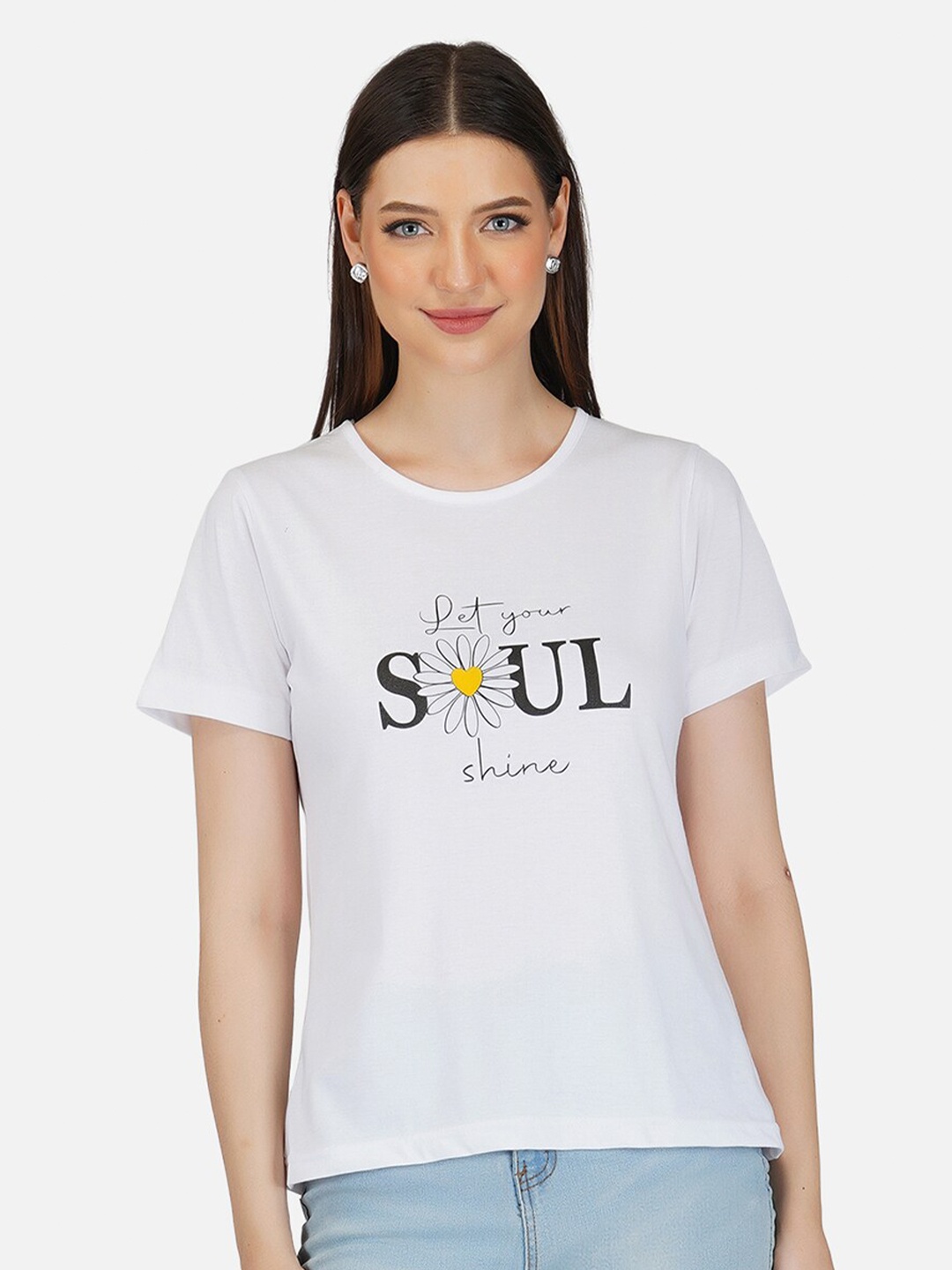 

BASE 41 Women White Typography Slim Fit Cotton T-shirt