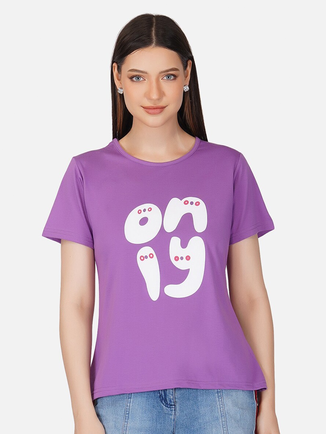 

BASE 41 Women Lavender Typography Slim Fit Cotton T-shirt