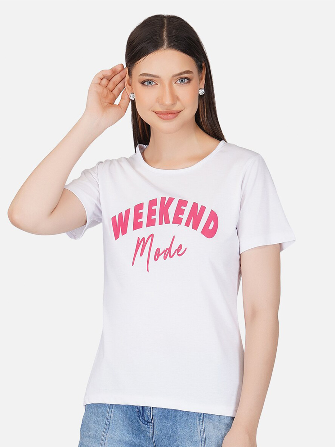 

BASE 41 Women White Typography Printed Slim Fit Cotton T-shirt