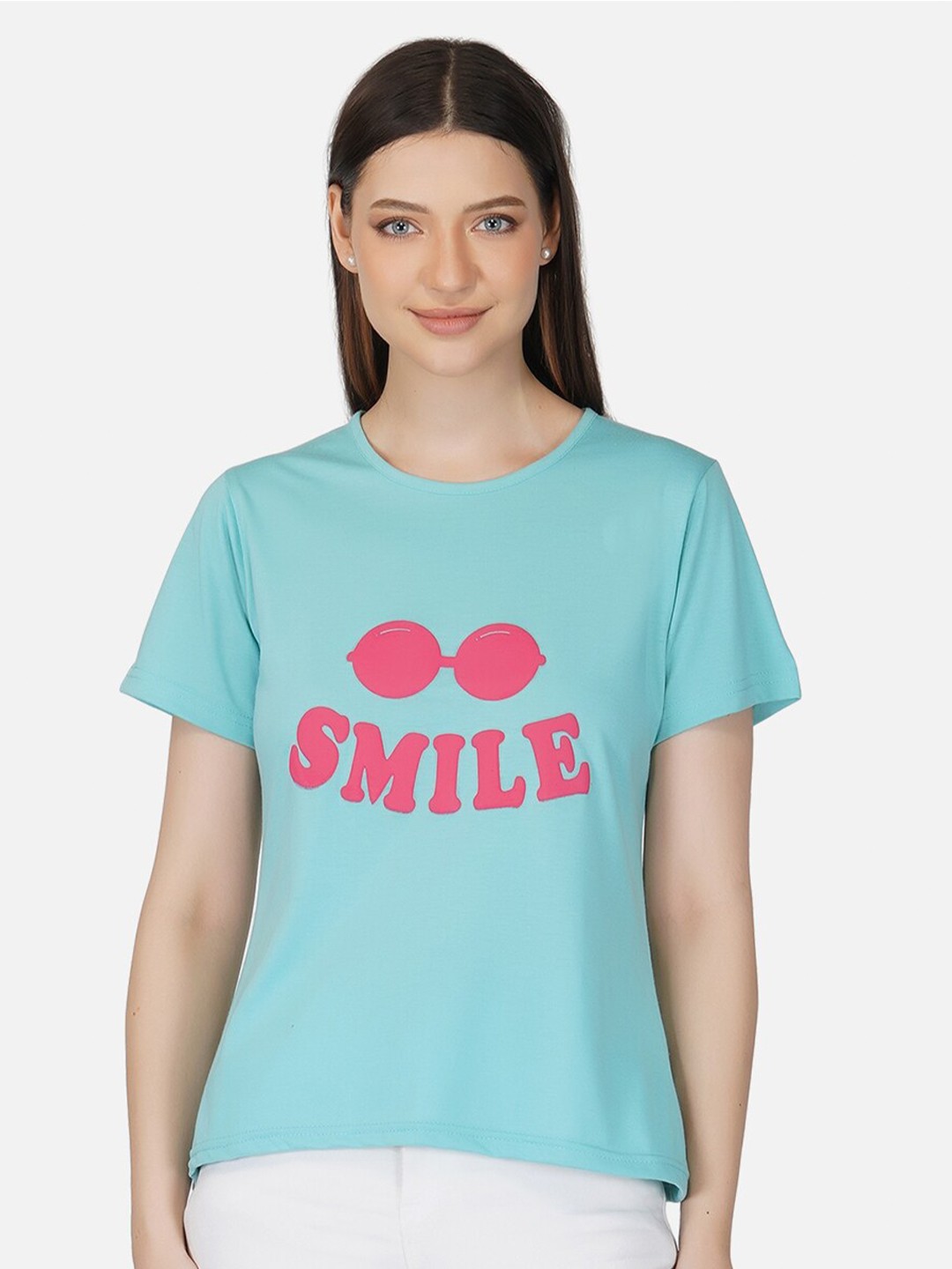 

BASE 41 Women Blue Typography Printed Slim Fit Cotton T-shirt