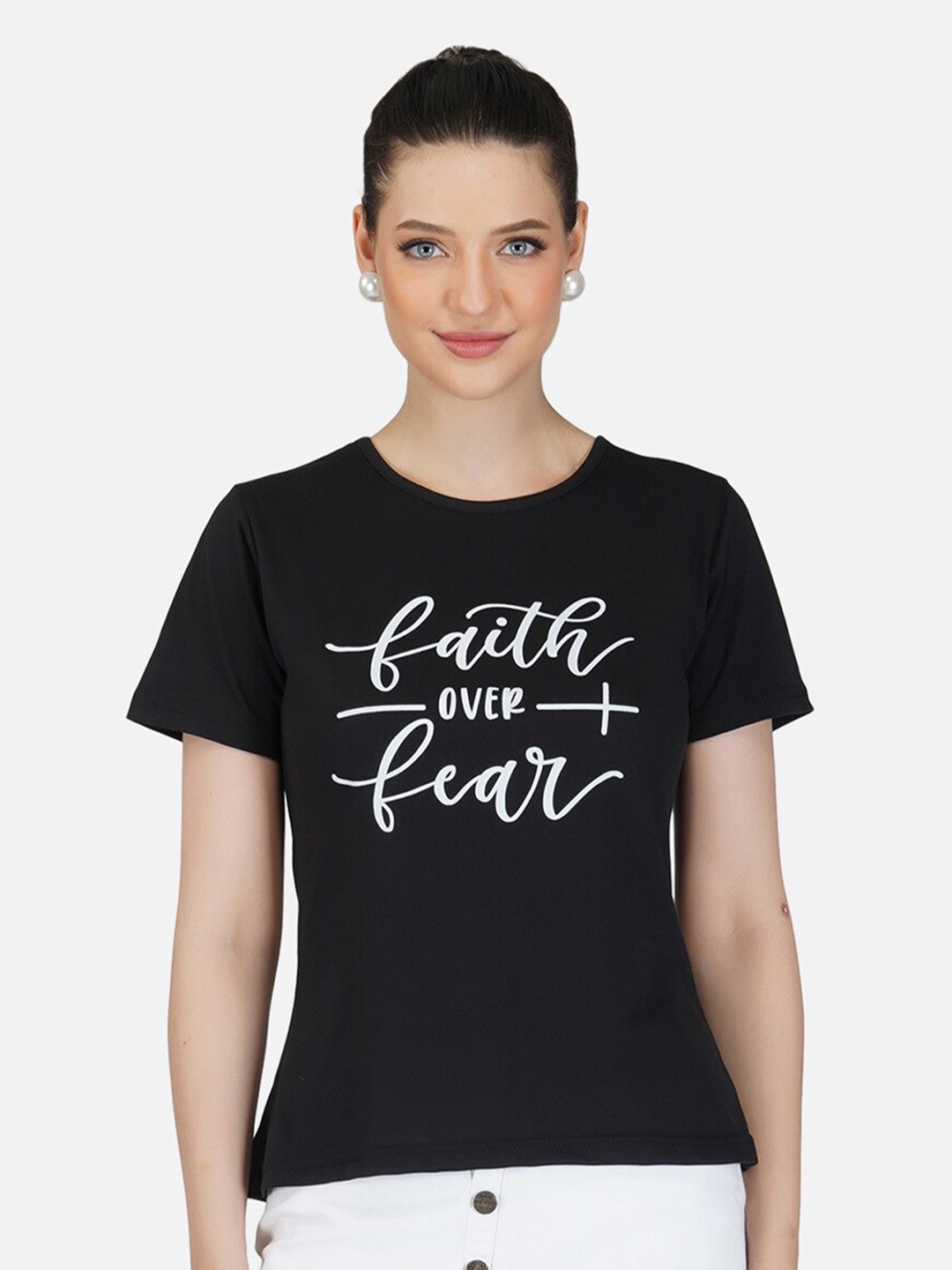 

BASE 41 Women Black Typography Printed Slim Fit Cotton T-shirt