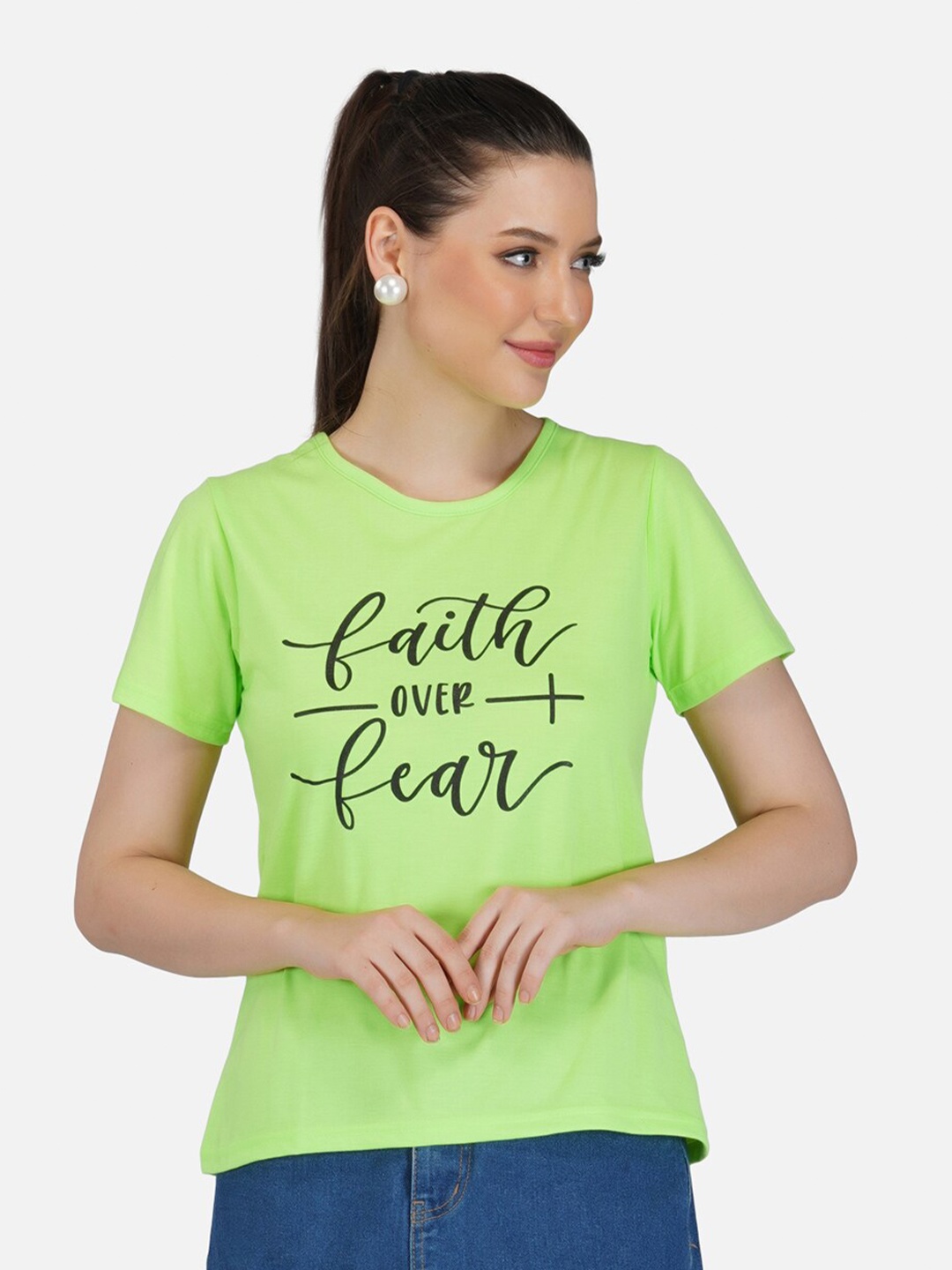 

BASE 41 Women Fluorescent Green Typography Printed Slim Fit Cotton T-shirt