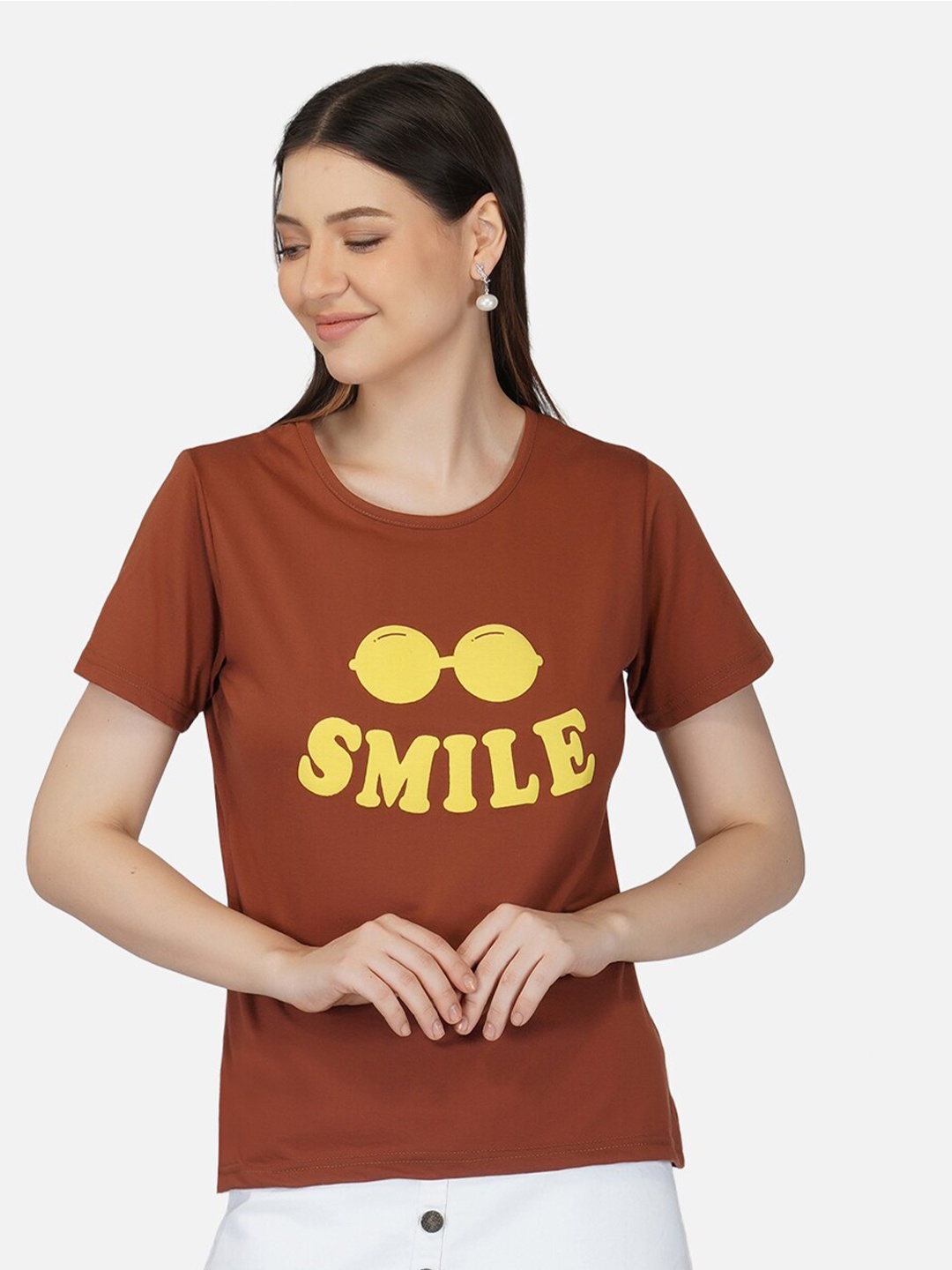 

BASE 41 Women Brown Typography Printed Slim Fit Cotton T-shirt