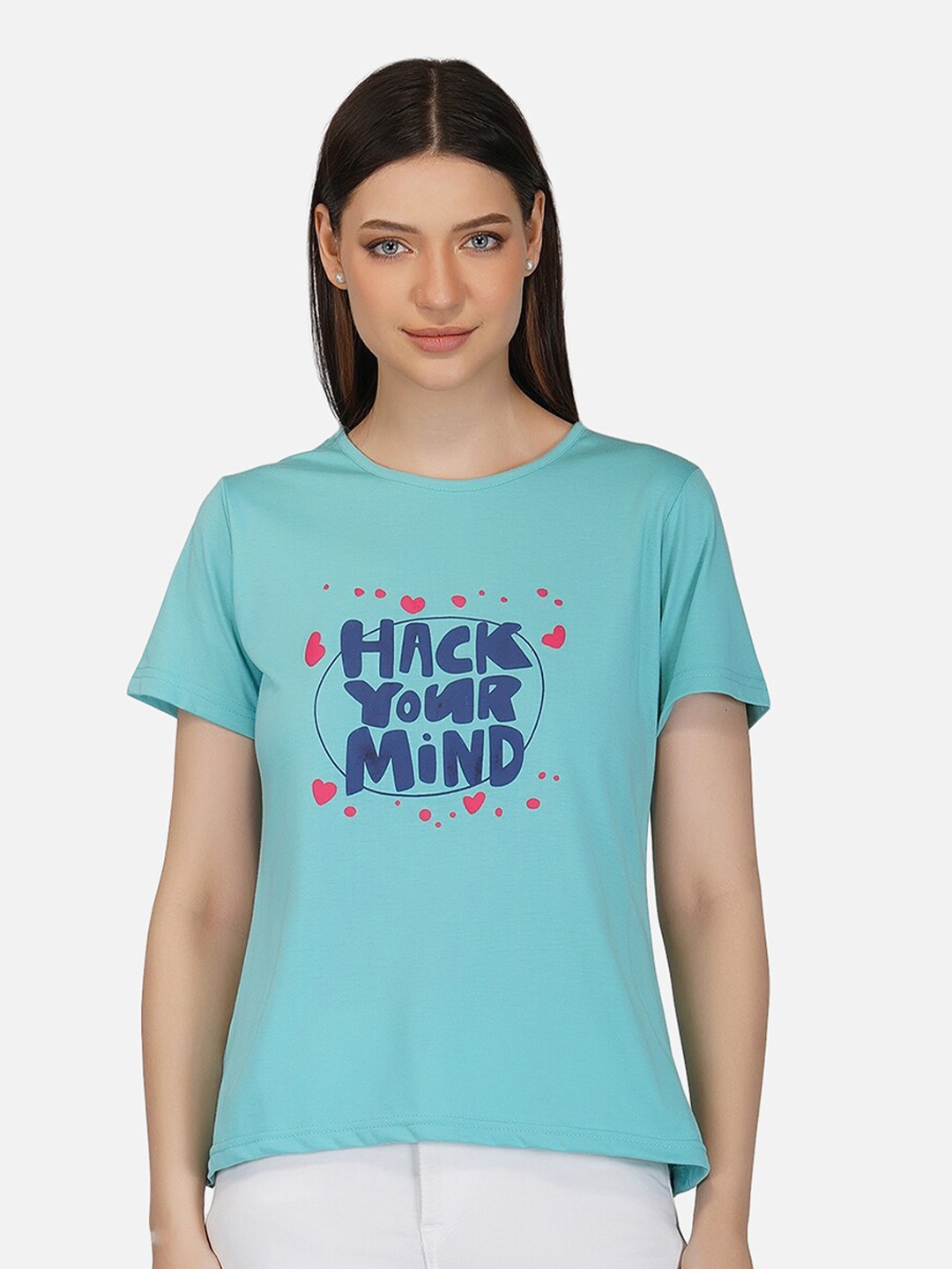 

BASE 41 Women Blue Typography Printed Slim Fit Cotton T-shirt