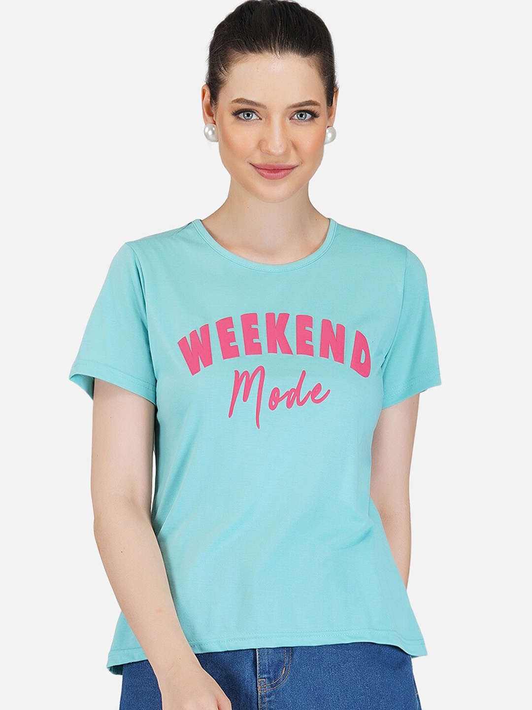 

BASE 41 Women Turquoise Blue Typography Printed Slim Fit Cotton T-shirt